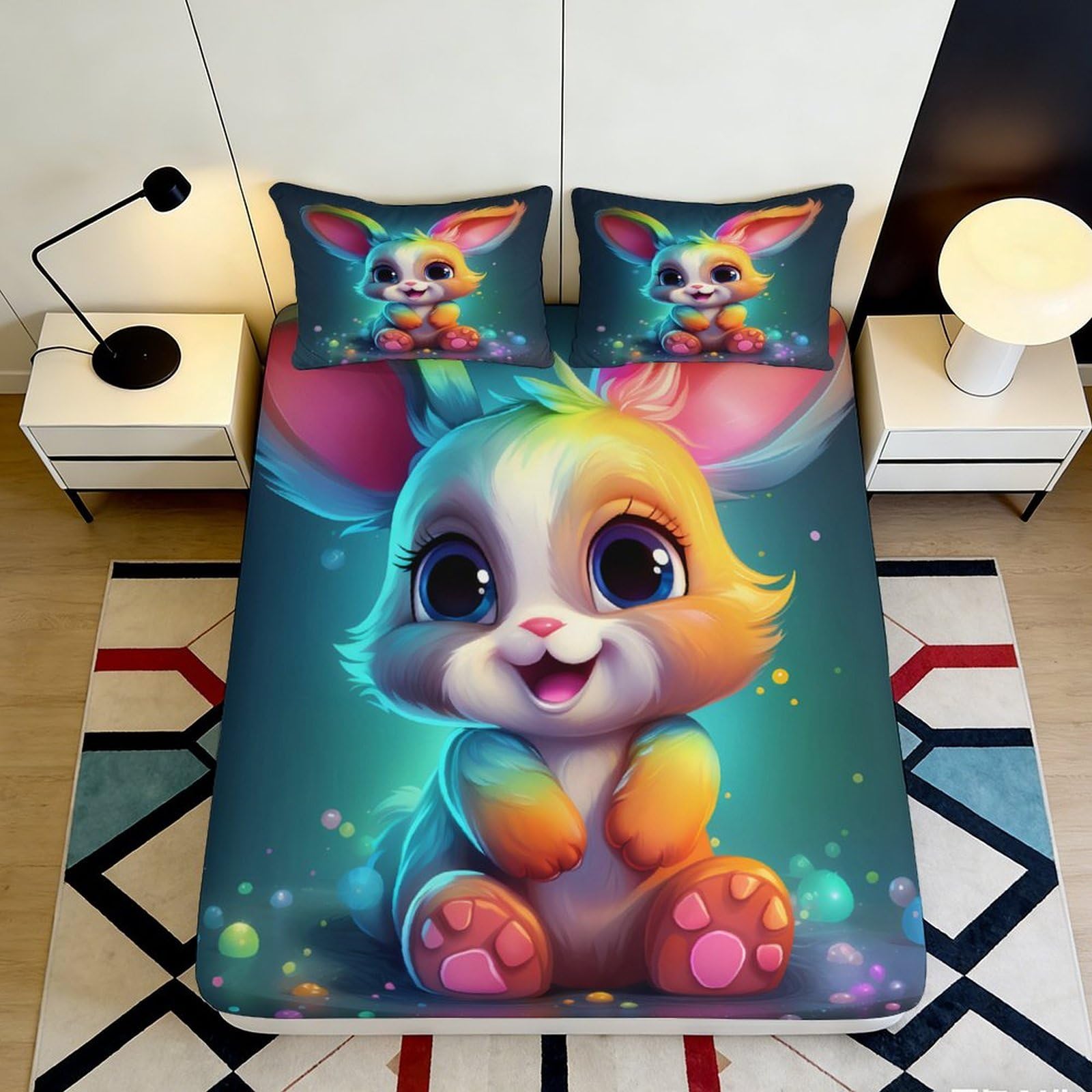 3D Printed Cartoon Bunny Fitted Sheet Microfiber Deep Pocket Non-Slip Bunny Mattress Fitted Cover Bedroom Bedding Wrap Washable 140x200x25cm