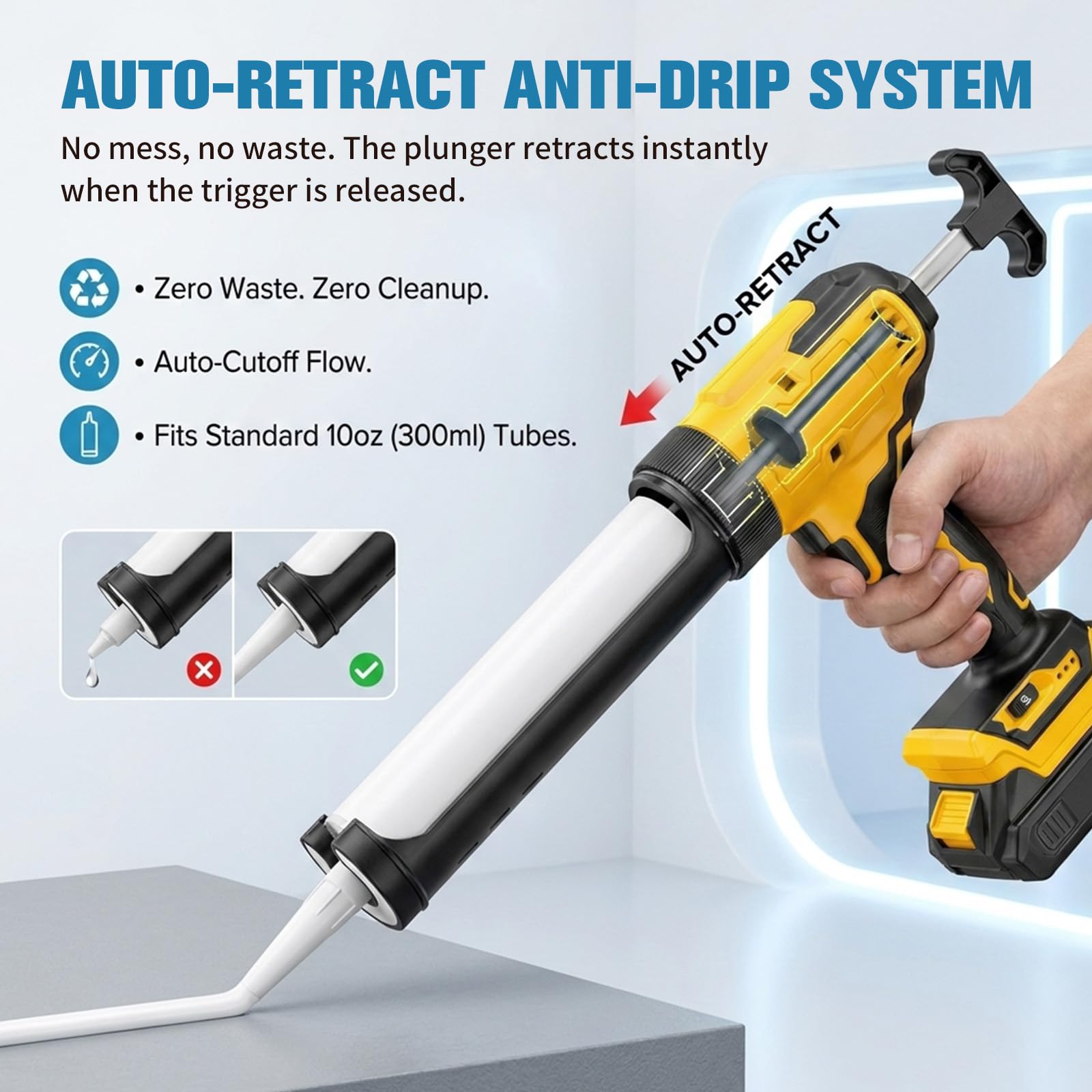 Akku Kartuschenpresse Kompatibel mit Dewalt Akku 18-20V - Elektrische Kartuschenpistole mit LED-Licht, 6 einstellbare Geschwindigkeitsstufen, für 300ml Heißklebestifte (Ohne Akku)
