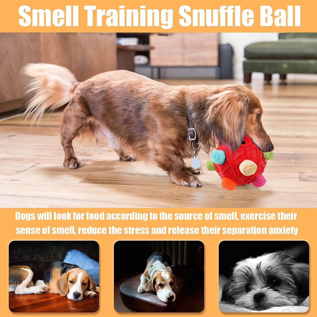 Schnüffelball für Hunde, interaktives Puzzle-Hundespielzeug, fördert natürliche Nahrungssuche, langsames Füttern für Training und Stressabbau, Stoffstreifen, versteckt Lebensmittel, Kauspielzeug für