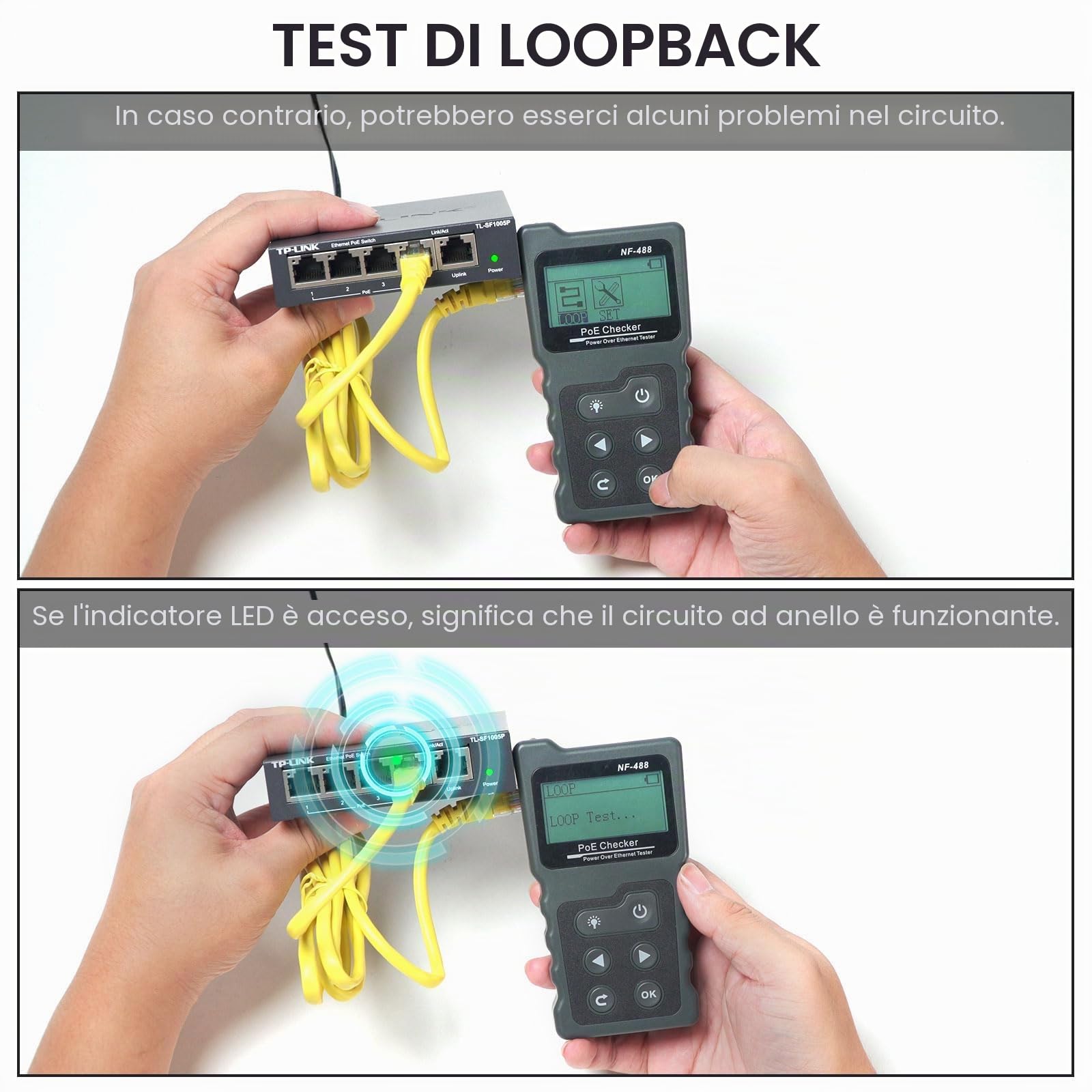 Noyafa Tester per Cavi di Rete con LCD Tester Lan con Funzione POE Test di Tensione e Corrente per Verificare lo Stato di Cortocircuito, Incrocio e Circuito Aperto dei Cavi di Rete, NF-488