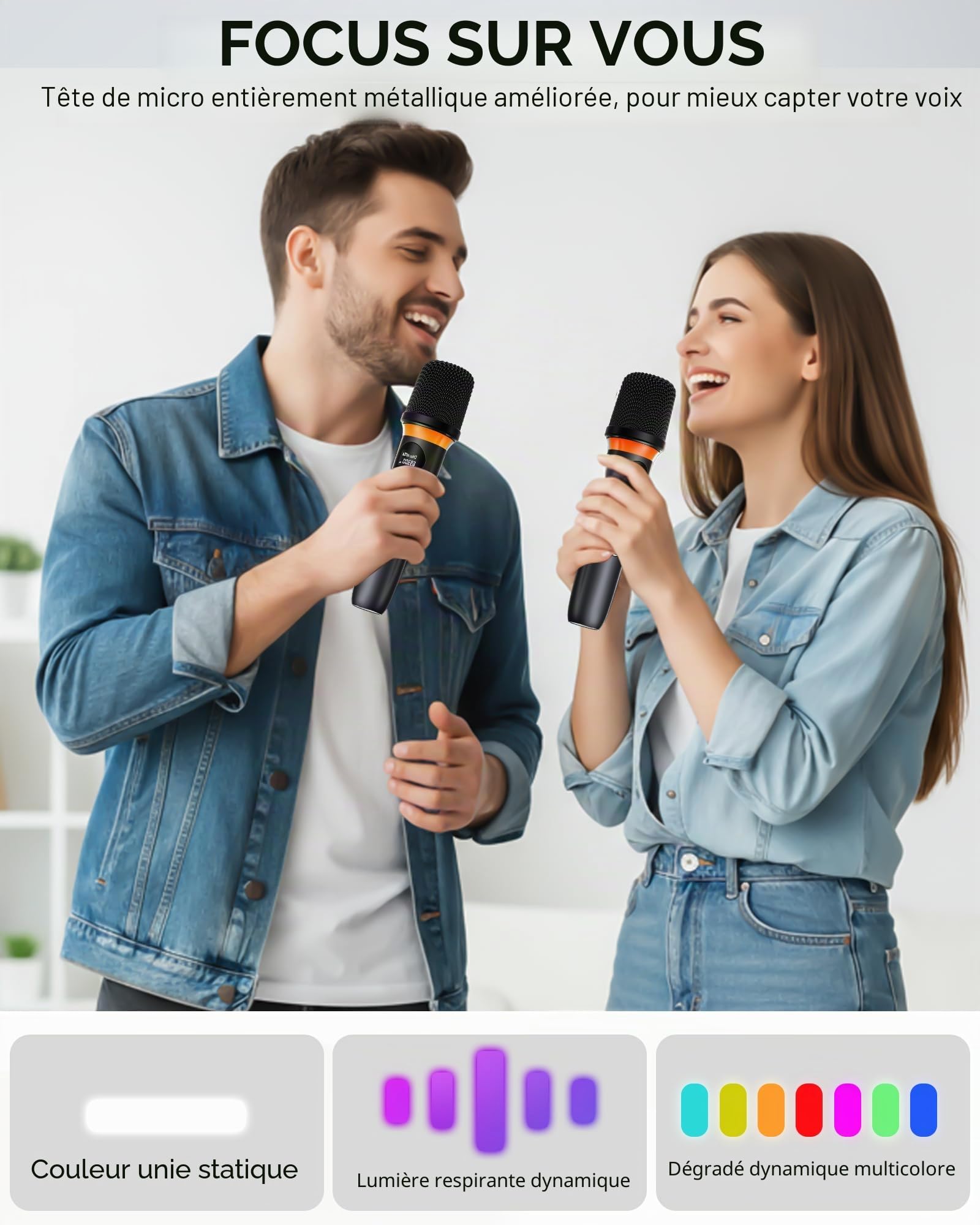 Microphone sans fil, système à double microphone avec fonction de, mise en sourdine par simple pression, éclairage RVB dynamique. 40h d'autonomie, portée de 200FT. pour les DJ, les mariages le chant .