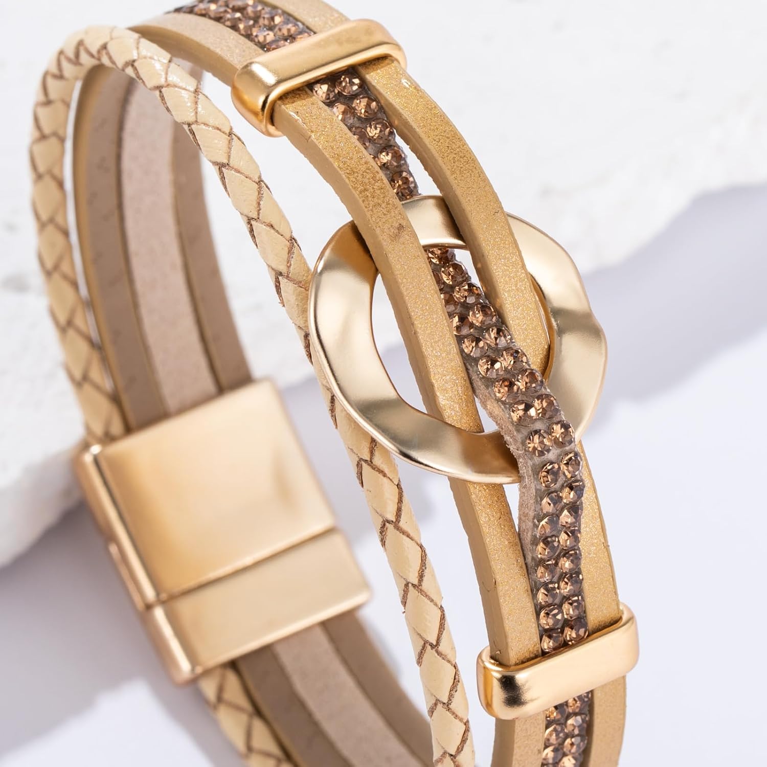 FANCY SHINY Leather Cuff Bracelet Circle Rhinestone Wrap Bracelet Stackable Multi Layer Wristband with Clasp Boho Jewelry Gift for Women - Image 4