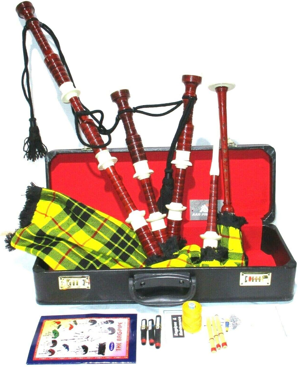 AAR Scottish Great Highland Bagpipes Red Sheesham Wood Finish with Ivory Plastic Mounts full size bag pipes with Tutor Book, and Hard Carry Case