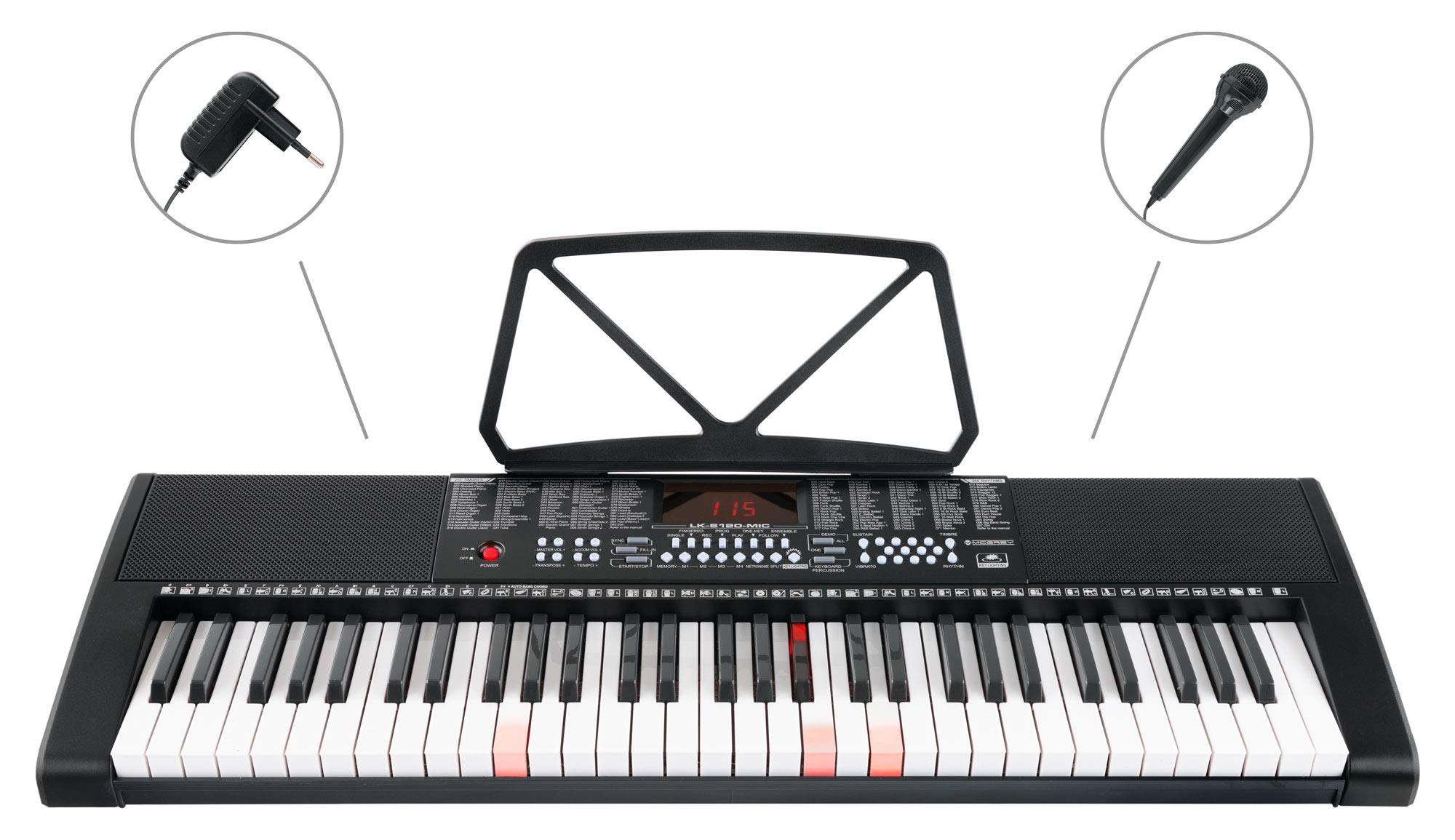 McGrey LK-6120-MIC Leuchttasten-Keyboard mit Mikrofon Schwarz, 255 Sounds | Einsteiger-Keyboard mit 61 Leuchttasten, 255 Begleitrhythmen, 50 Demo-Songs inkl. "One Key" & "Follow" Funktion