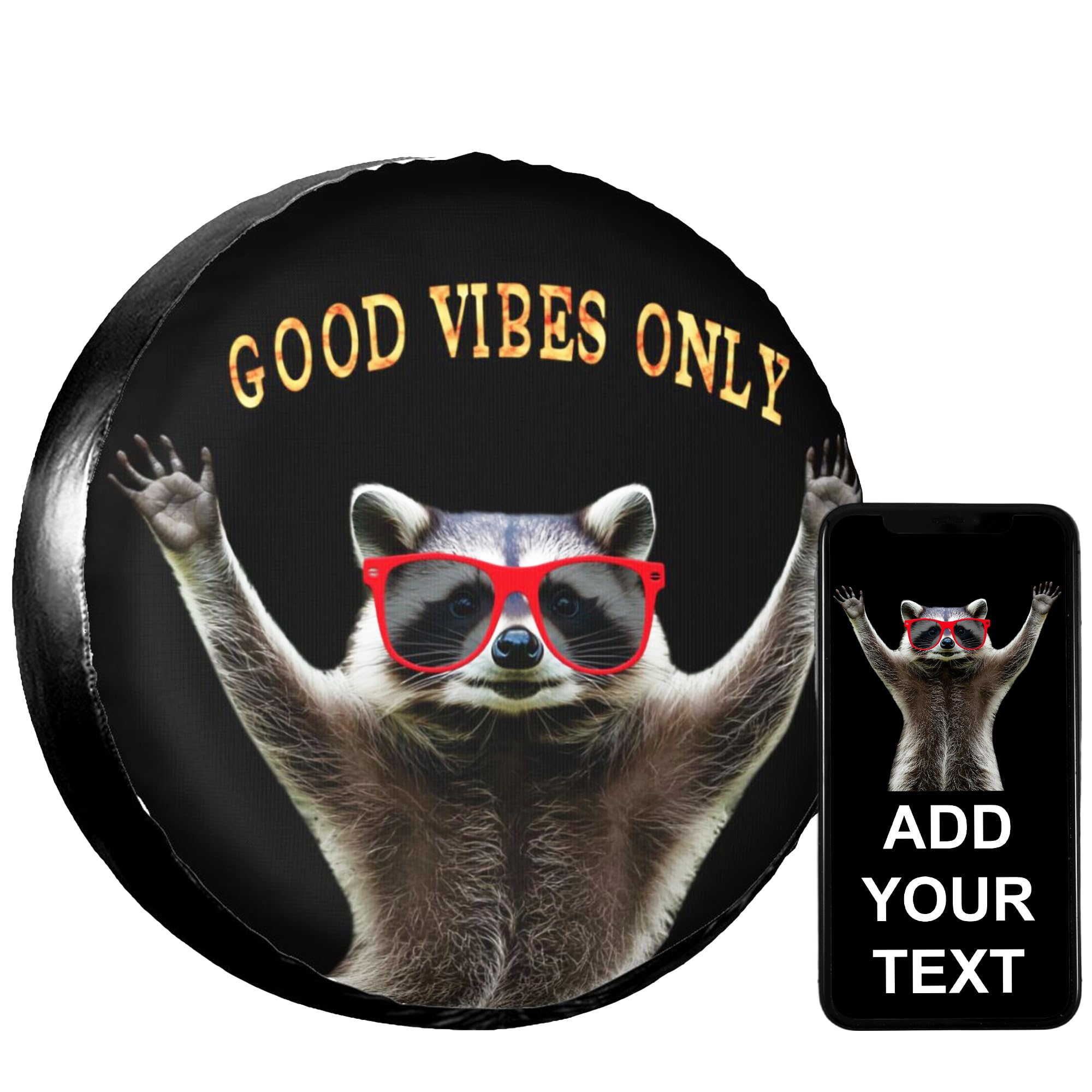 Custom Funny Raccoon Spare Tire Cover Personalized Universal Wheel Cover Add Text Waterproof Tire Protector with Adjustable Buckle Strap for Wrangler Trailer RV SUV All Vehicle 14" 15" 16" 17"