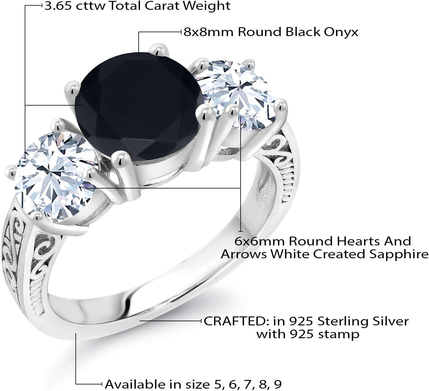 Gem Stone King 3.65 Cttw Black Onyx and White Created Sapphire 3-Stone Engagement Ring For Women | 925 Sterling Silver | Gemstone Birthstone | 3 Stone Wedding Anniversary Promise Ring - Image 5