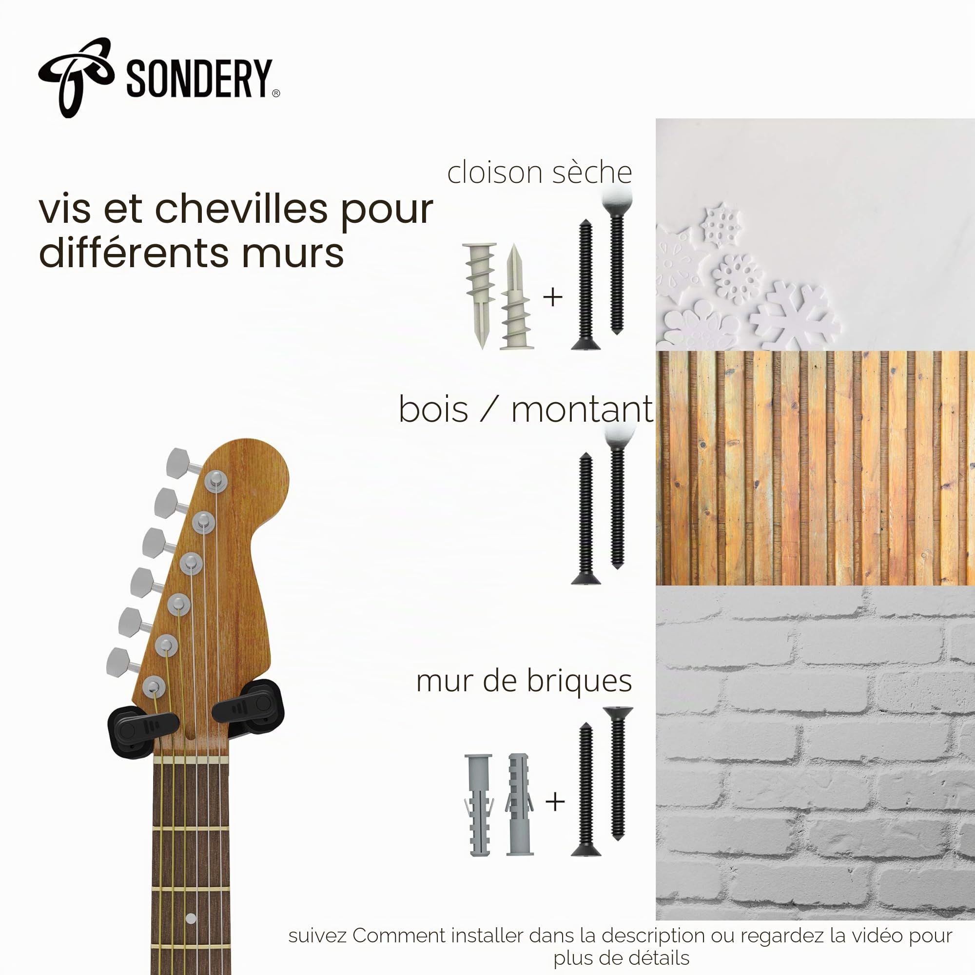 Sondery Accroche Support guitare mural porte crochet pour guitare acoustique électrique ukulélé basse, pack de 2
