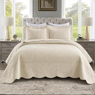 MarCielo 3-Piece 100% Cotton Oversized Bedspread Lightweight Quilt Coverlet Embroidery Farmhouse Bedding Set (Warm Ivory, Oversized Queen (100"x106"))