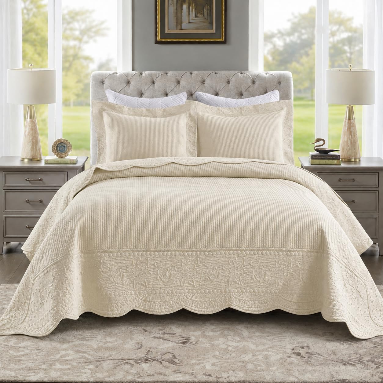 MarCielo 3-Piece 100% Cotton Oversized Bedspread Lightweight Quilt Coverlet Embroidery Farmhouse Bedding Set (Warm Ivory, Oversized King (118"x106"))