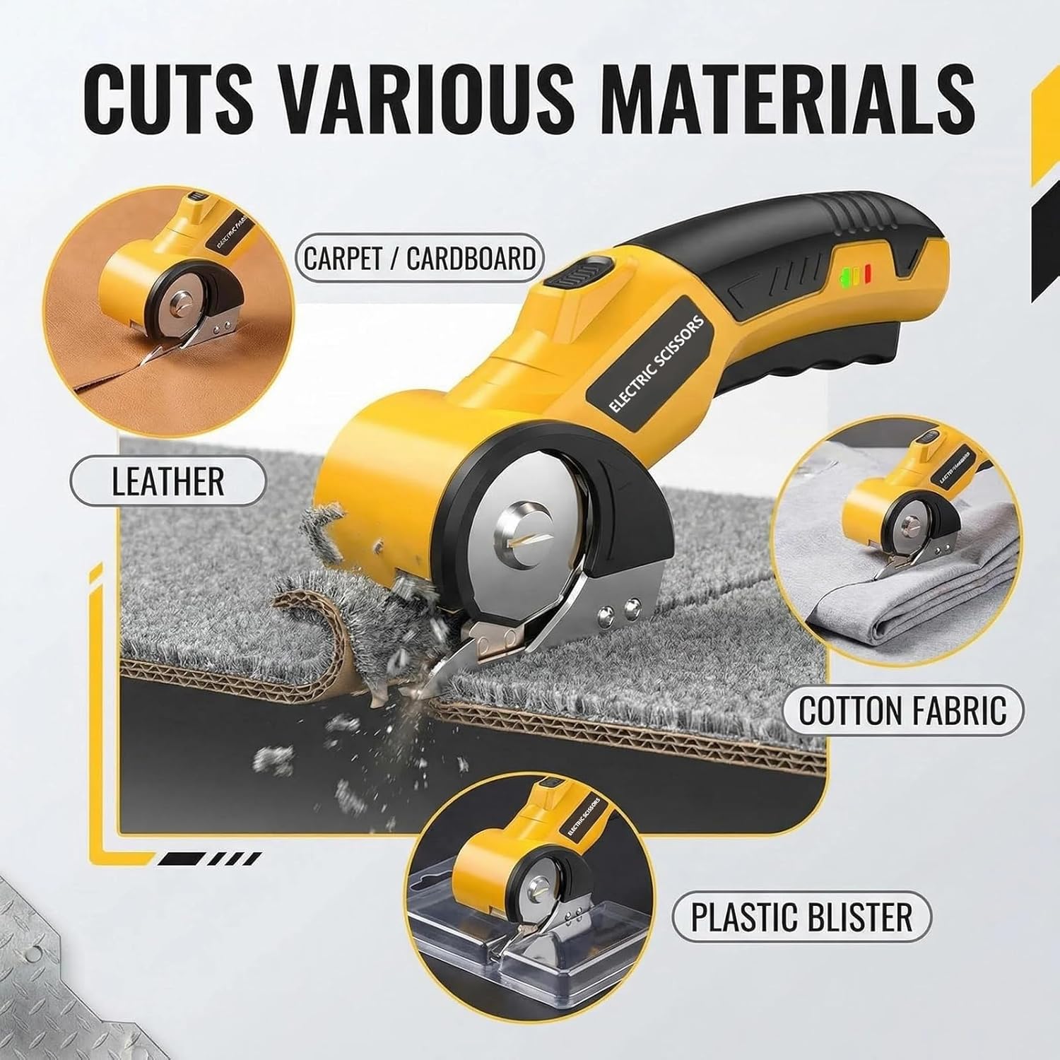 Cordless Electric Scissors with LED Worklight - 4V Power Cardboard Cutter with 2 Blades & Storage Case, 320 RPM Heavy Duty Scissors for Fabric, Leather, DIY, Ergonomic Design