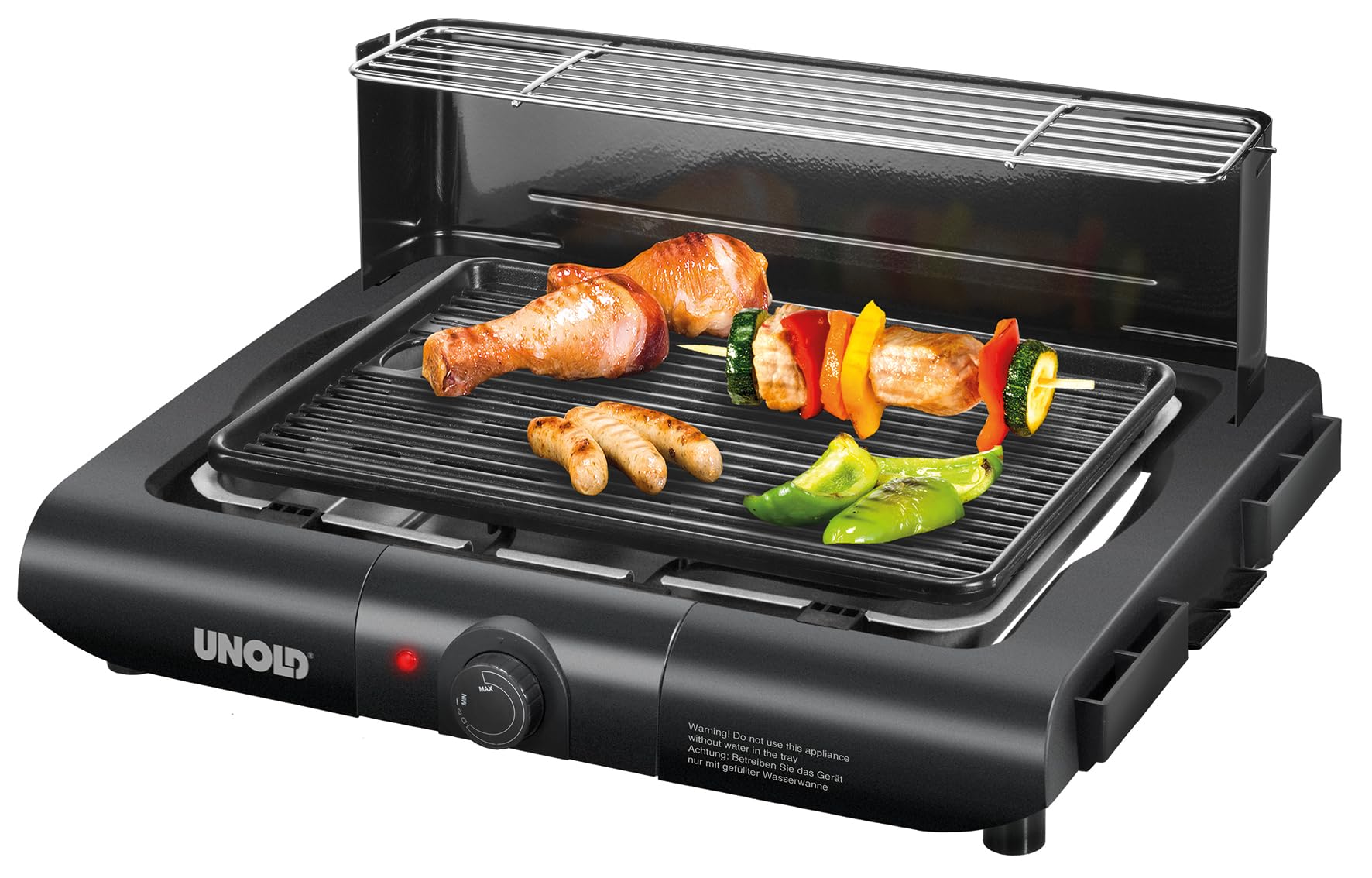 Unold 58565 Vario Barbecue-Grill - Tisch- und Standgrill, Schwarz, 1.600 W, Antihaftbeschichtung, seitliche Ablageflächen, Windschutz, Überhitzungsschutz, Grillplatte aus Druckguss-Aluminium