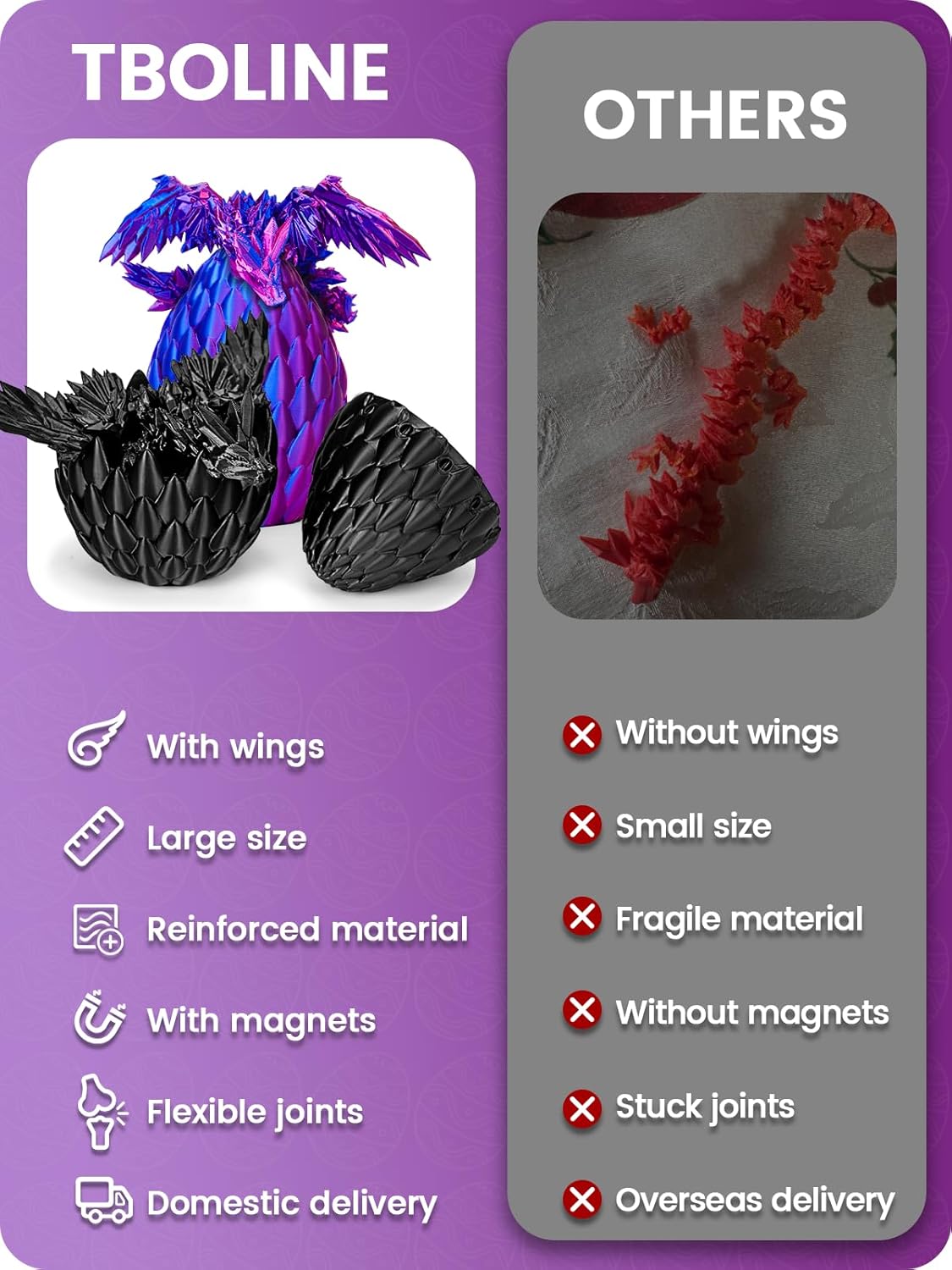TBOLINE 3D Printed Dragon with Wings,Dragons in Easter Egg Fillers,Sensory Articulated Dragon in Egg Fidget Toy,Easter Basket Stuffers for Kids Boys Girls,Flying Dragons Figure Toys
