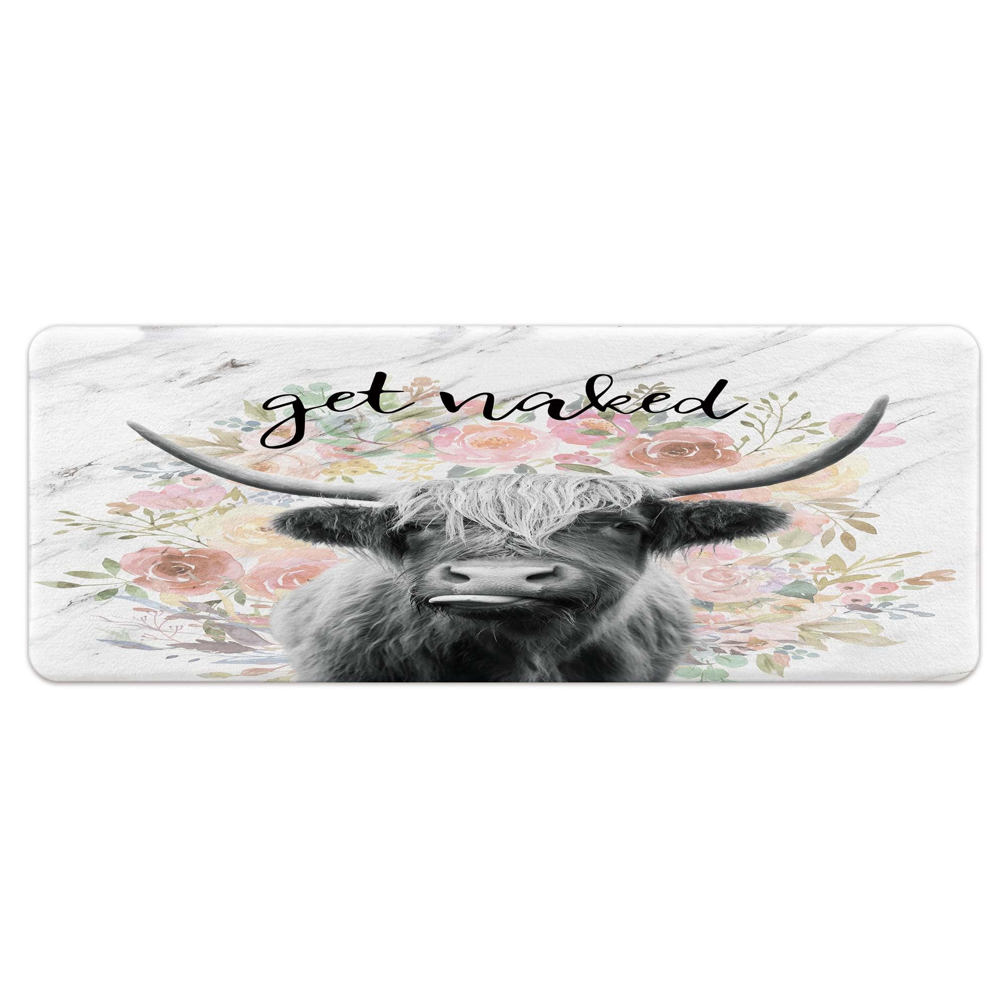 JAWO Get Naked Bath Mat for Bathroom, Farmhouse Highland Cow Bull Non-Slip Bathroom Rug, Farmhouse Bath Mat, Bathroom Accessories 19X31 inches