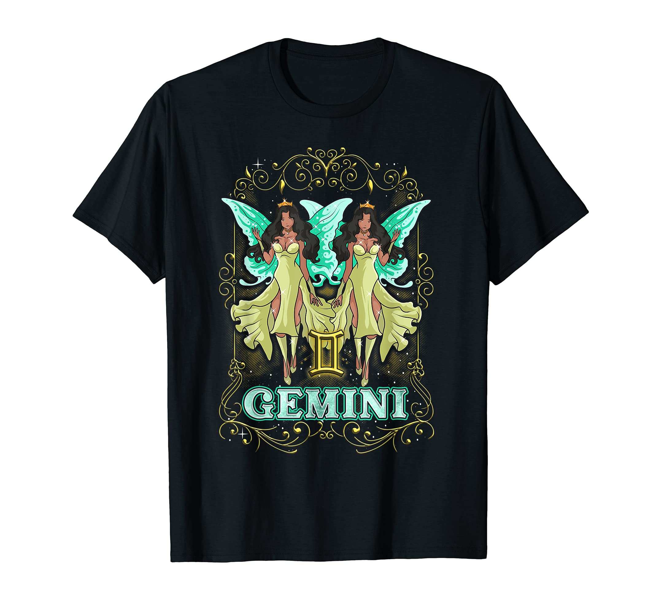 Gemini Fairy Zodiac Birthday Anime Fairies Black Queen T-Shirt