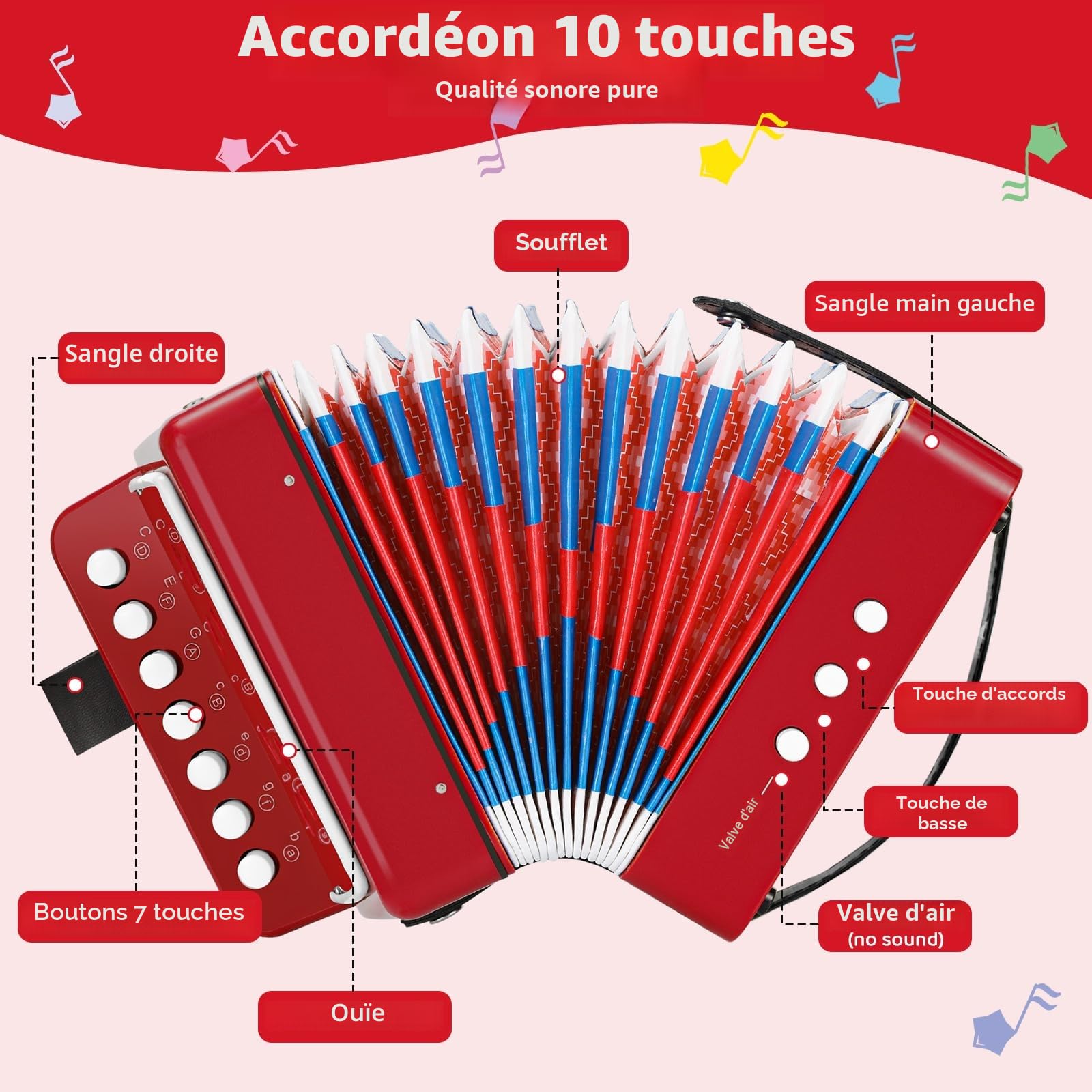 Accordéon pour Enfant, Accordeon Enfant à 10 Touches avec Sangles, Instrument de Musique Accordéon pour Débutants, Accordéon Enfant de 3 Ans et Plus, Rouge
