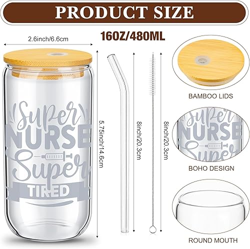 Miniatura 8 de Uiifan 12 vasos de vidrio con forma de lata de 16 onzas con tapas y pajilla, regalos divertidos de agradecimiento para la semana de las enfermeras,