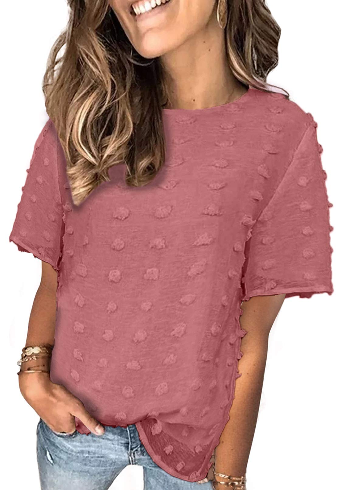 BTFBMWomen's Swiss Dot Casual Summer Tops Short Sleeve Crewneck Chiffon Blouses Cute Solid Color Loose Pom Pom Shirts Tees