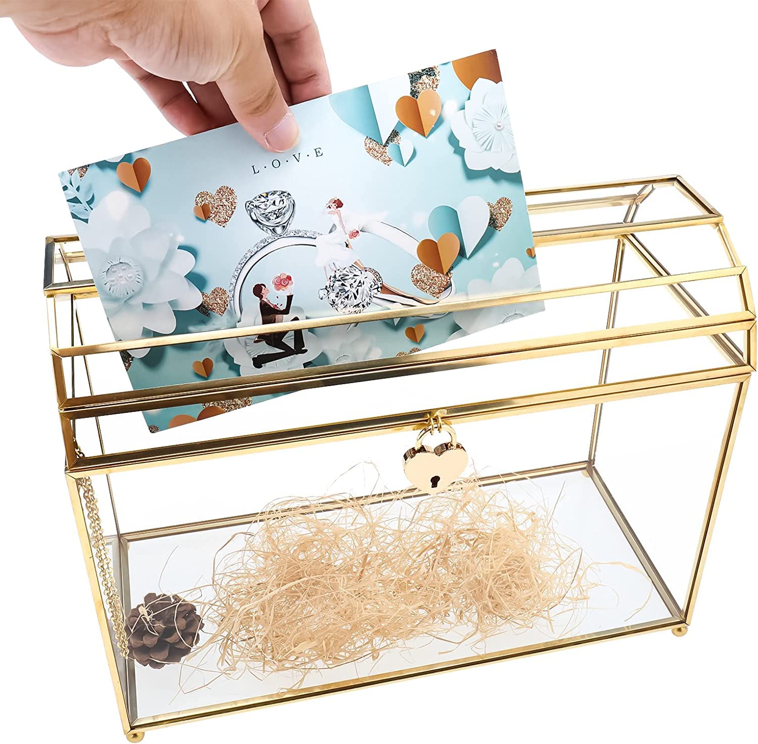 Homtone 31 cm Große Glas Hochzeit Kartenbox mit Schlitz und Schloss, Geometrisches Terrarium Gold Glaskasten, Vintage Präsentationsbox für Hochzeitsempfang, Tafelaufsatz