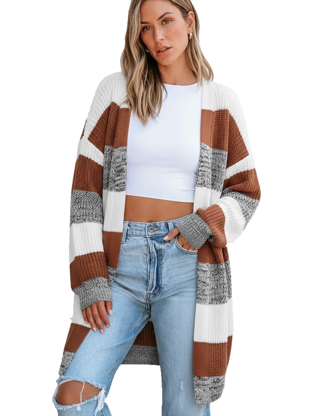 CUPSHE Womens Striped Open Front Cardigan Sweater Long Sleeve Knit Sweater Coat Oversized Fall Casual Outerwear
