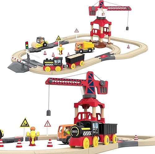 Crossing & Crane Train Set de 58 piezas de construcción de pista de tren de madera para regalo, kits de ferrocarril de juguete para niños pequeños y