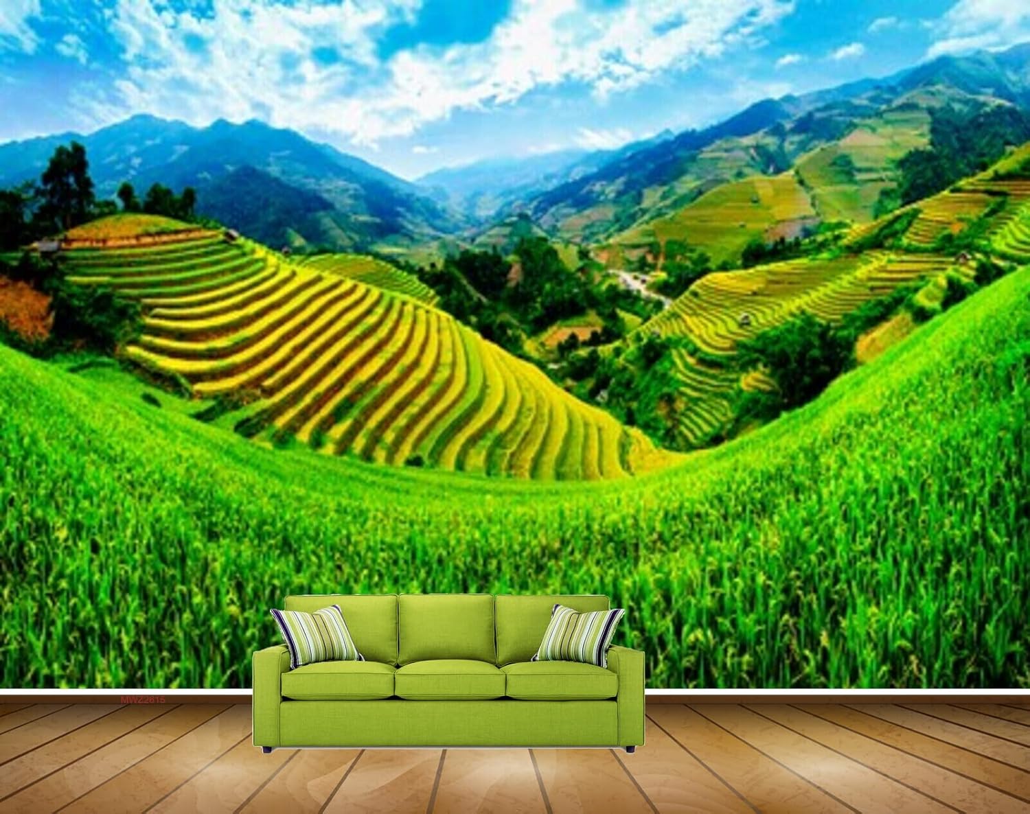 MWZ2615 Mountains Trees Clouds Grass Green Land HD 3D Wallpaper for Bedroom, Hall[5 ft x 3 ft] / [152 cm x 91 cm]