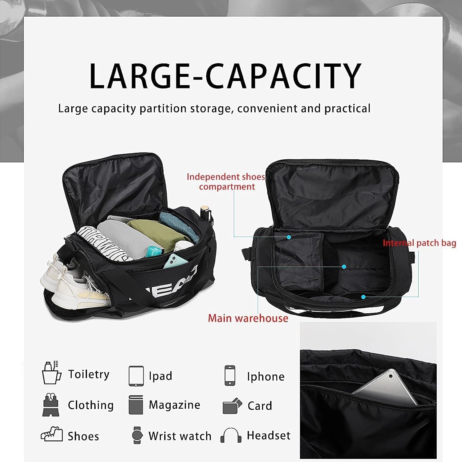HEAD 45L Waterproof Tennis Duffel Bag for Men, Large Capacity Sports Gym Bags with Shoes Compartment, Lightweight Crossbody Duffle Bag for Outdoor/Workout/Fitness/Weekender/Overnight - Image 6