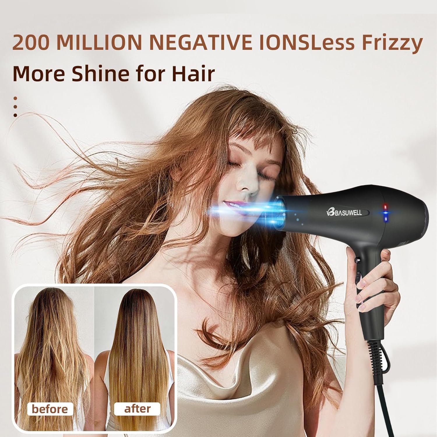 Secador de pelo profesional Ion 2400W Secador de pelo 3 Calefacción 2 velocidades Secador infrarrojo lejano Motor de CA de bajo ruido con difusor de secador de pelo (negro mate)