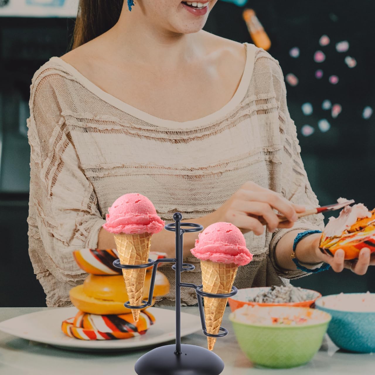 MAGICLULU Ice Cream Cone Holder Stand, 3 Holes Metal Waffle Display Rack, Black Iron Art Countertop Server Counter Station For Party Table, Bakery, Dessert Shop, Cupcake Pop Centerpiece