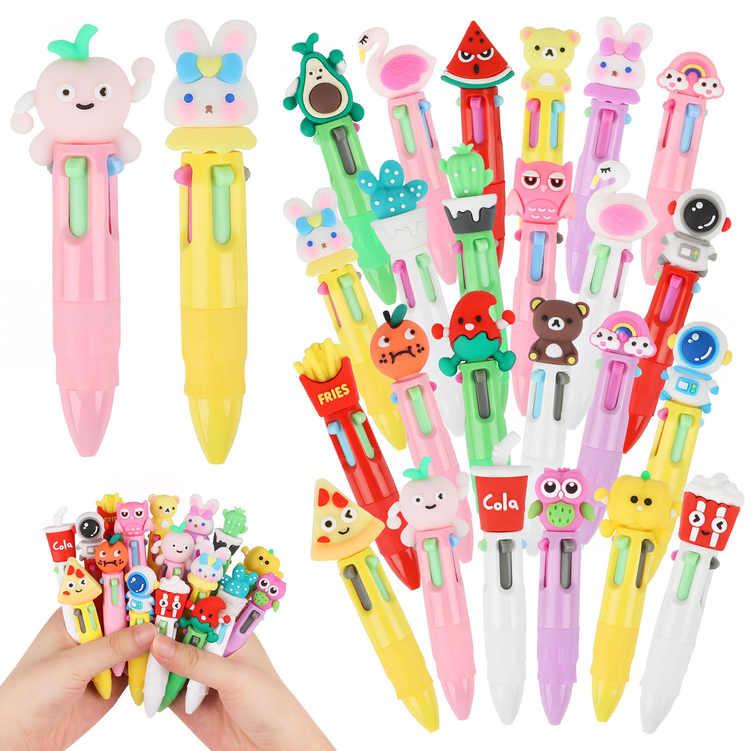 CCINEE 24pcs Mini Multicolor Pens In One, Cartoon Rainbow Ballpoint Pens Bulk Cute Retractable Writing Pen for School Office Birthday Party Gift