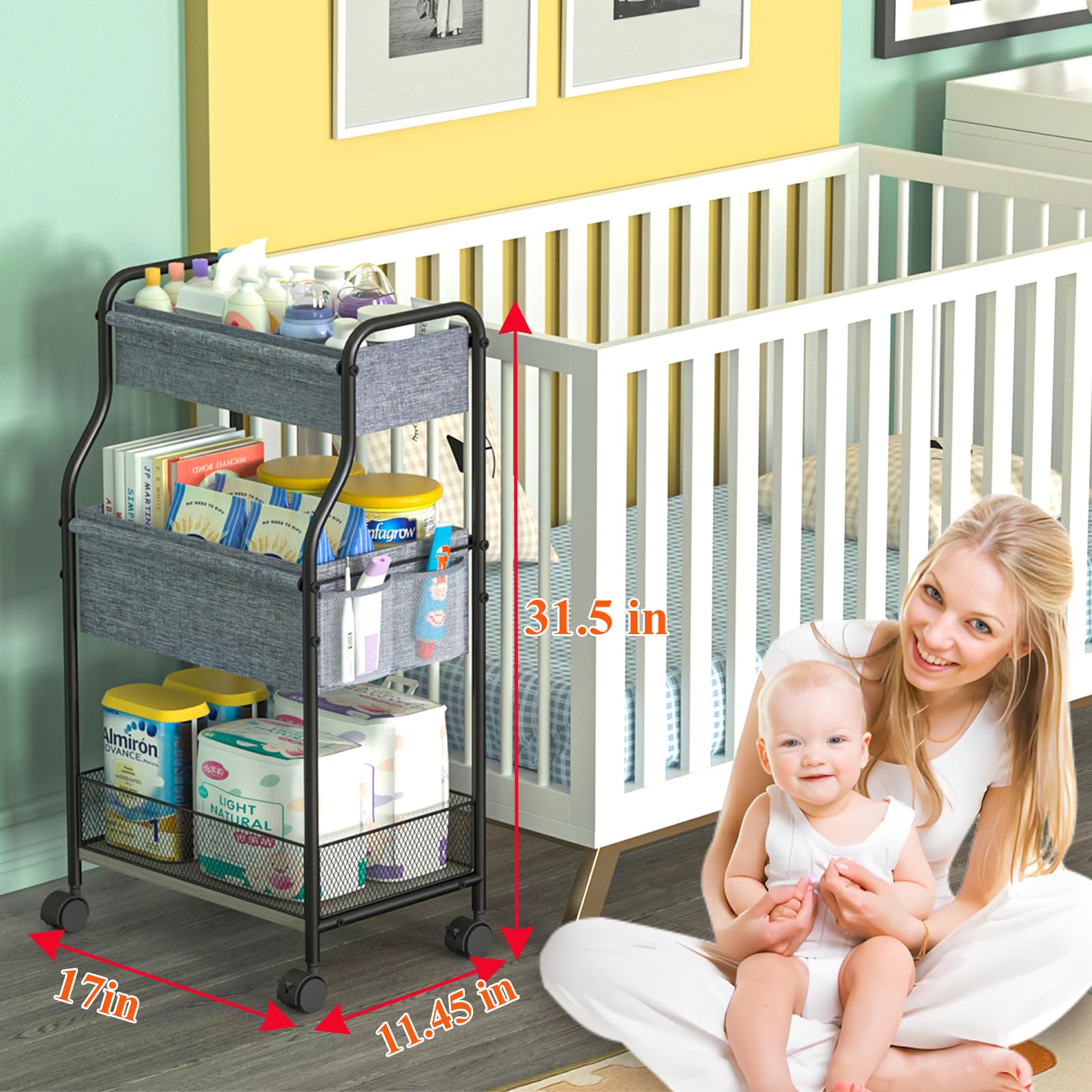 JOLEAD Baby Nappy Caddy Organiser Cart Movable, 3-Tier Sturdy