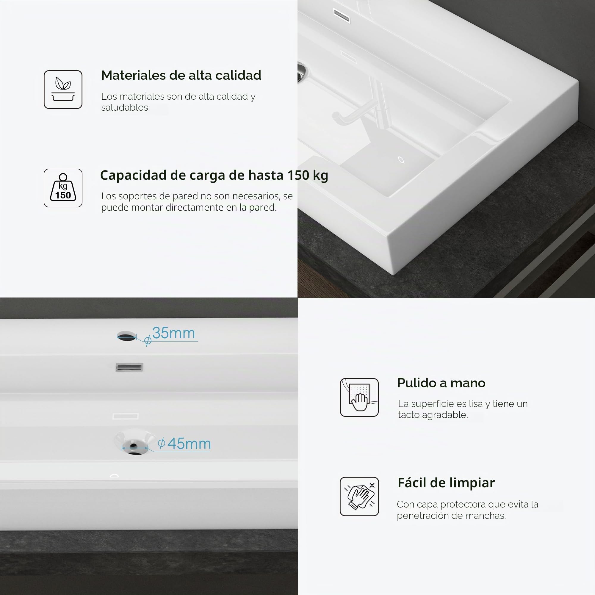doporro Lavabo suspendido o lavabo sobre encimera blanco cuadrangular para lavamanos Colossum18-730 de 73cm de ancho Lavabo de mármol mineral fundido