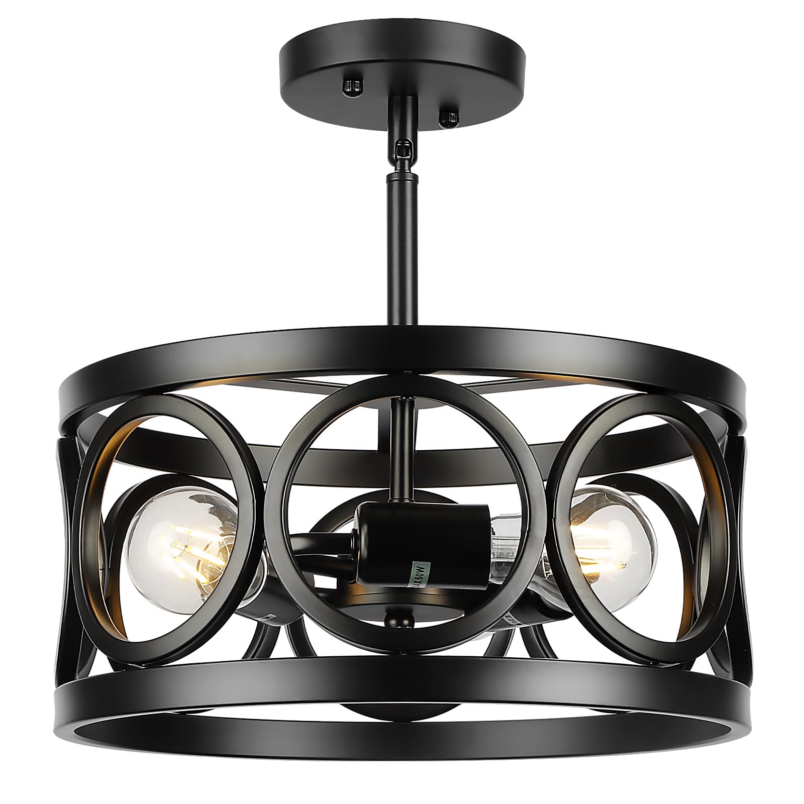 Photo 1 of QianZhan Farmhouse Semi Flush Mount Ceiling Light,3-Light Industry Black Sloped Ceiling Light Fixtures D13 Inches Drum Metal Light Fixture for Entryway Foyer Hallway Kitchen Dining Room
