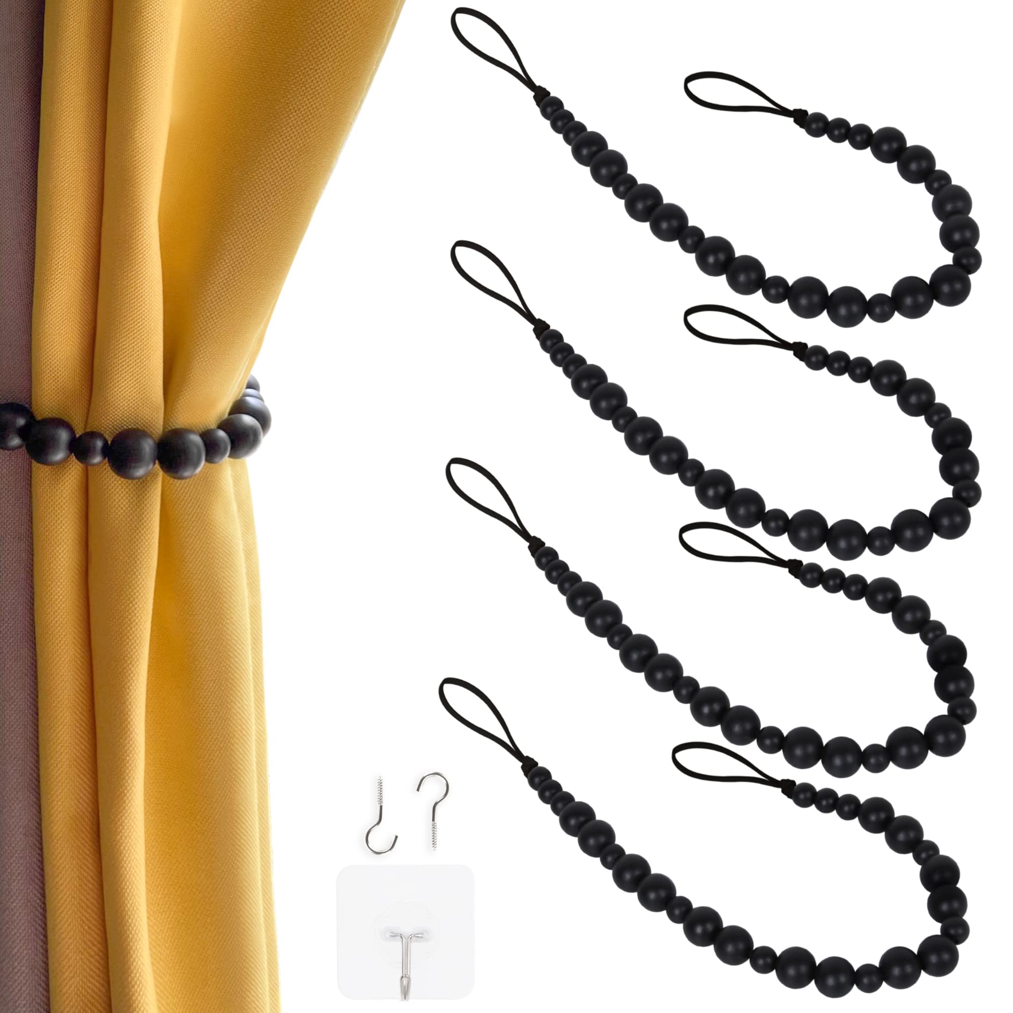 2 alzapaños de cortina de cuentas de madera negra estilo bohemio con ganchos