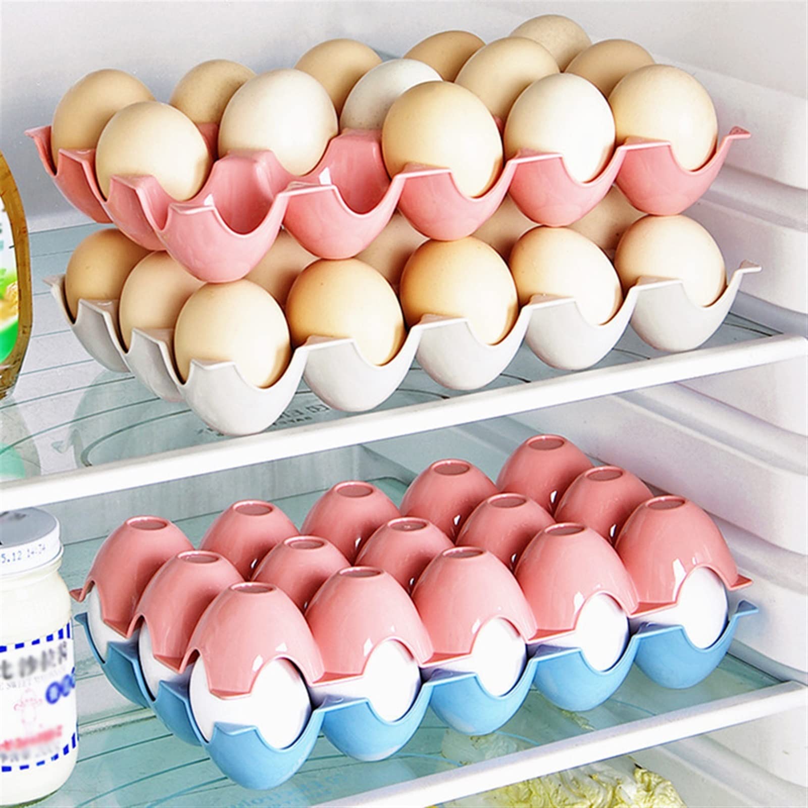 Paquete de Canasta de Huevos Soportes de Huevos para refrigerador Contenedores de Huevos de plástico con Tapa Nevera Bandeja de Huevos Caja de Almacenamiento de Huevos (Beige)