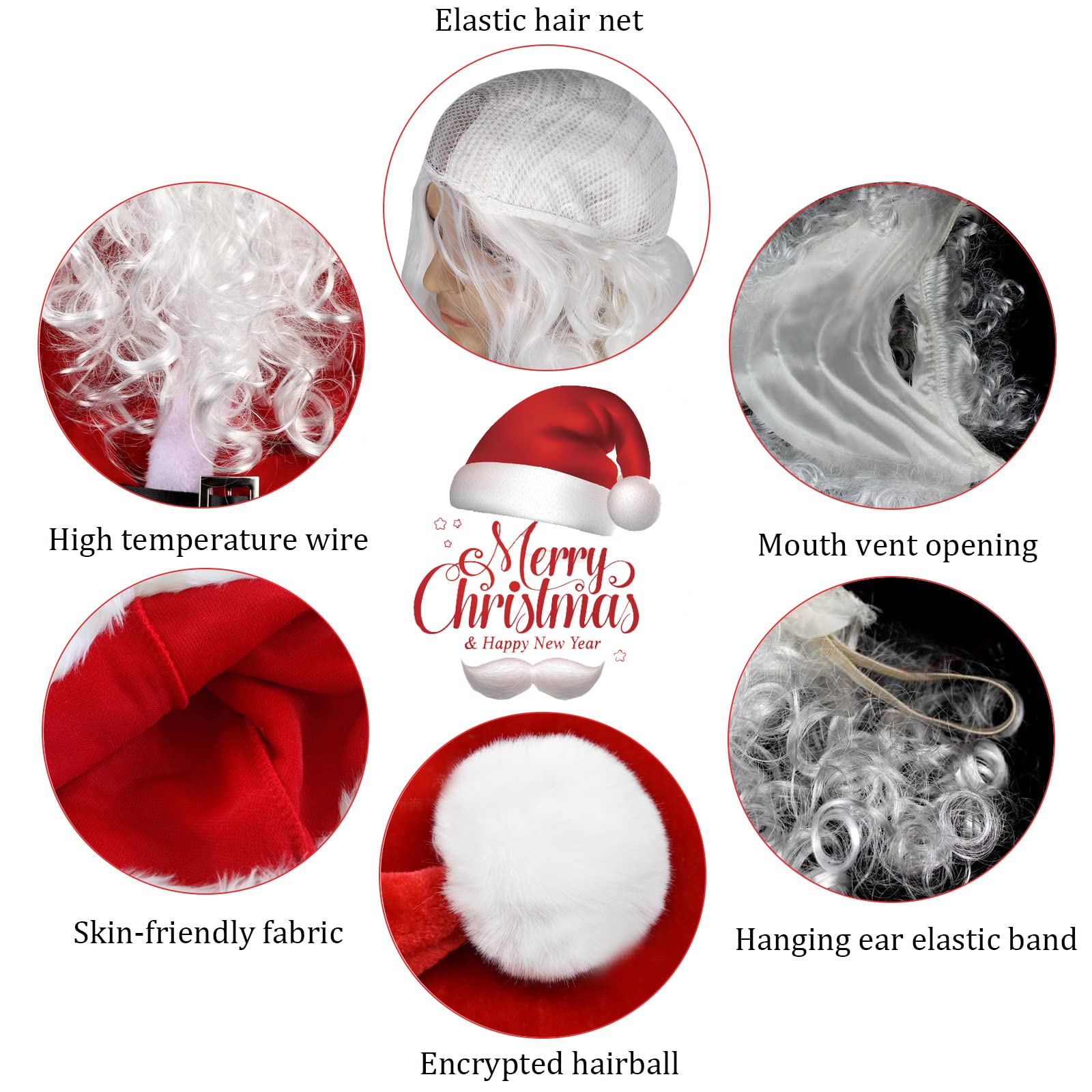 Perruque Barbe Et Bonnet Père Noël 3 Pièces - Ensemble Complet Cosplay Noël Fête