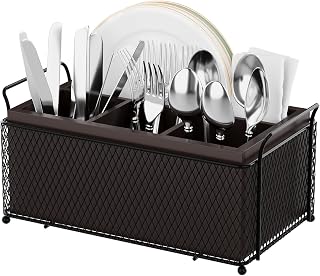 Silverware Caddy for Party,Bamboo Utensil Holder for Countertop | 4-Compartment Organizer with Paper Plate Dispenser, Portable Handles for Kitchen, Picnic, and Party Use
