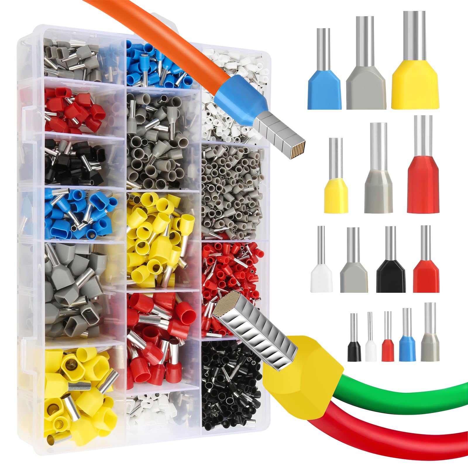 2000 Piece Wire End Ferrules Set, 0.5 mm², 10 mm² Twin Wire End Ferrules and Single Line Ferrules Set