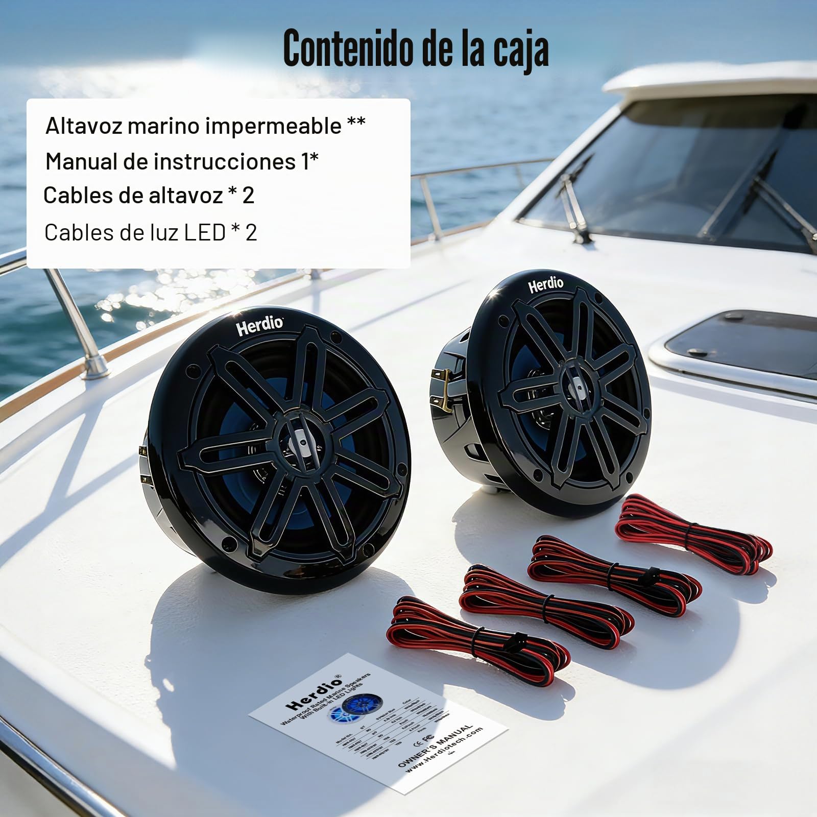 Herdio 8" 450W Marine Speakers - IP66 Waterproof Coaxial Audio, with Blue LED Light for Boats, ATVs, UTVs with UV Resistant Black Grille (A Pair)