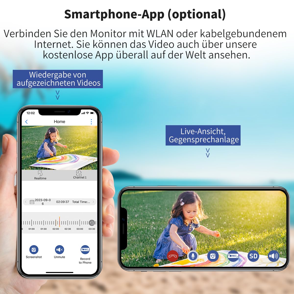 SecuFirst Überwachungskamera Aussen Kit mit Monitor,7" Touchscreen | Arbeiten ohne WLAN,Babyphone,2K Kamera Überwachung Outdoor, Innen Bildschirm, 2TB Erweiterbarer Speicher,32GB Lokal Speicher