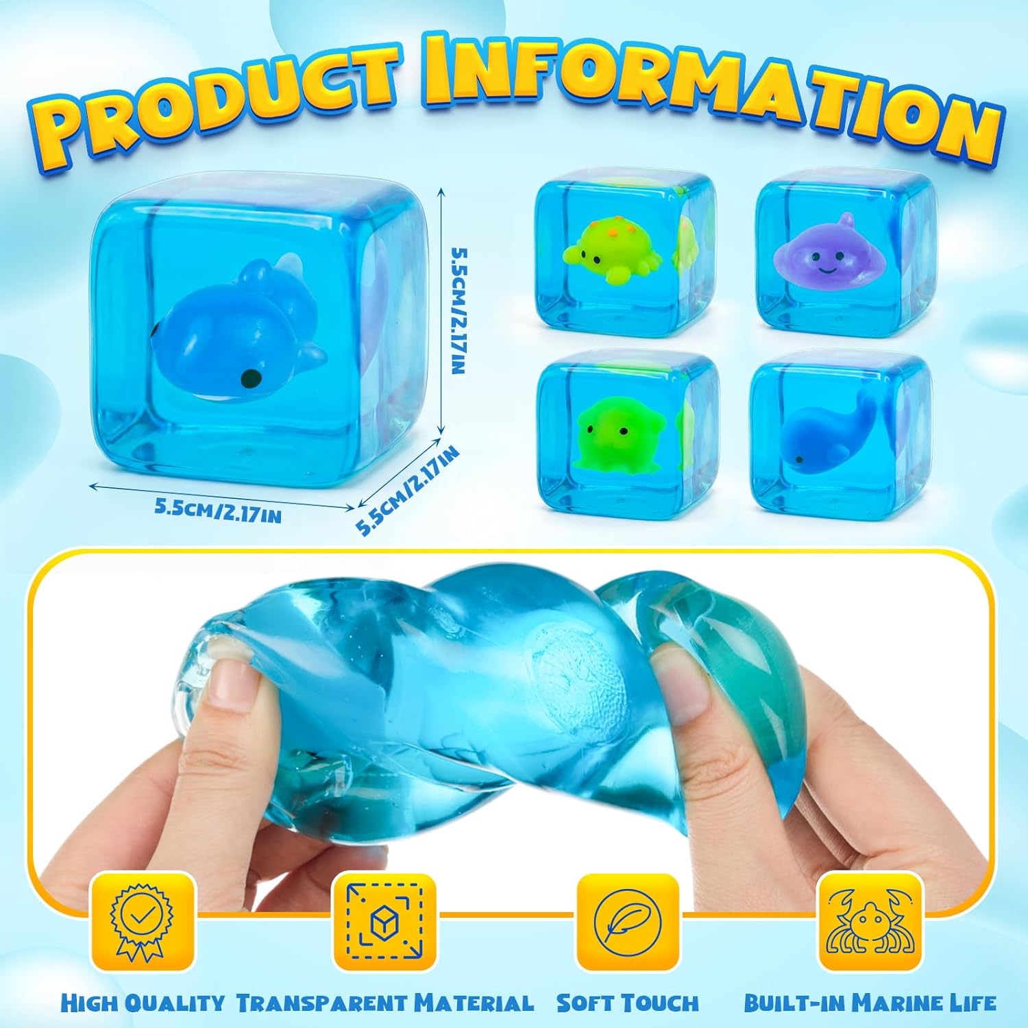 5 Pcs Blue Fidget Stress Cube Glow in The Dark Ocean Animals Fidget Squeeze Sensory Squeeze Cubes Stress Balls Anxiety Relief for Home Office Holiday Party Gifts