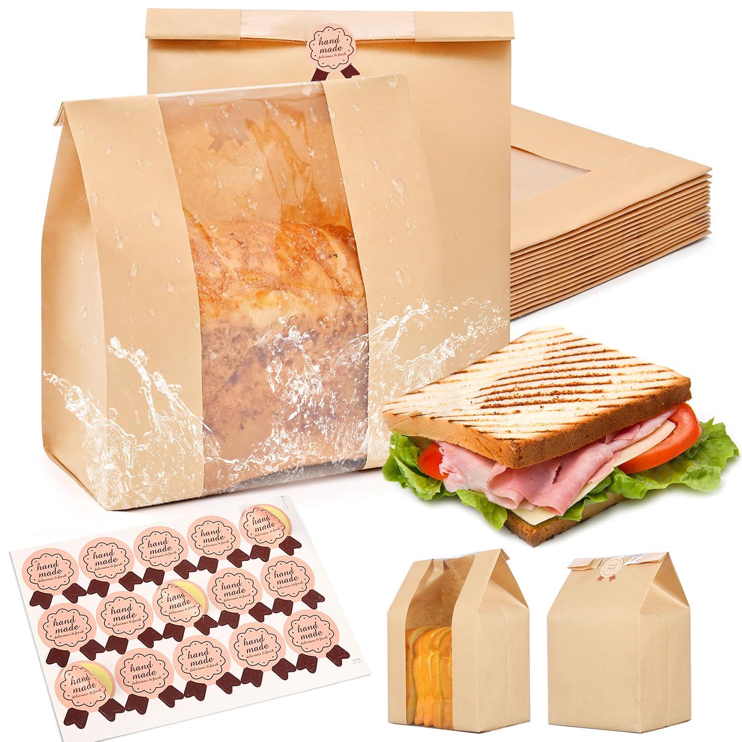 Sysmashing Bread Packaging Bags 50pcs, Homemade Storage with Clear Window, Bakery Bags for Cookies & Treats, Kraft Paper 13.7x8.2x3.5inch Brown