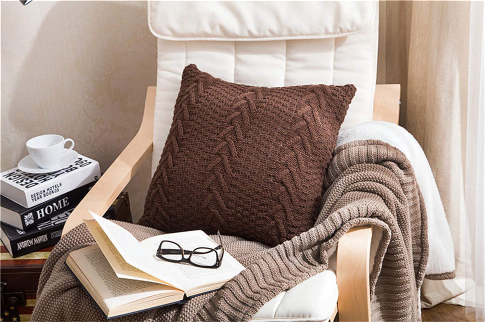 SWECOMZE Gestrickter Kissenüberzug Lendenkissen Wurfkissenbezug Dekorative Für Sofa Autos Wohnzimmer Schlafzimmer 45cm x 45cm (Dunkelbraun,2 Stücks)