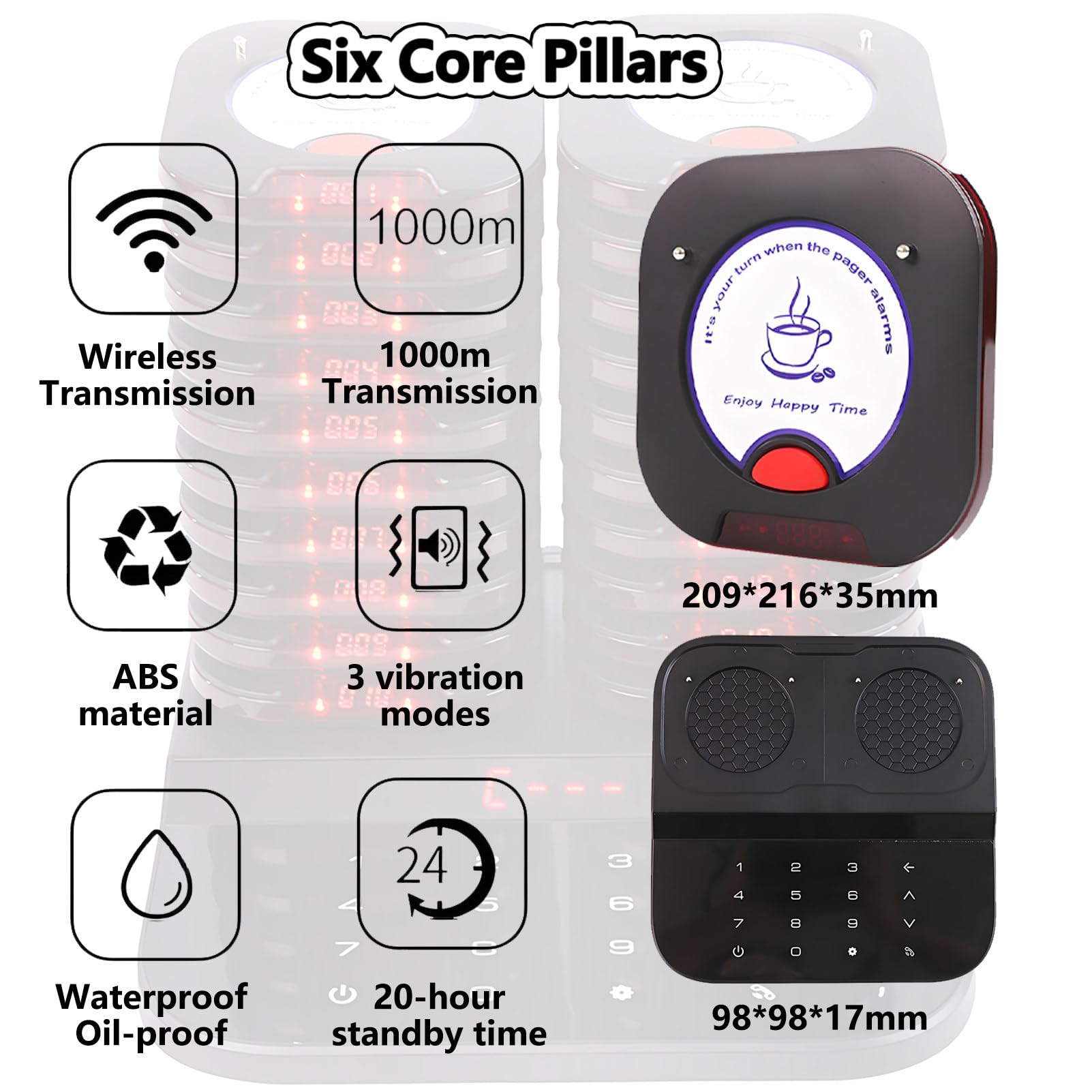 Buscapersonas para Restaurantes, Llamador de Mesa Hosteleria 20 Pagers, Teclado Táctil, Batería de 300 Mah y Alertas de Zumbido, Vibración y Luz, para Camiones de Comida, Cafeterías