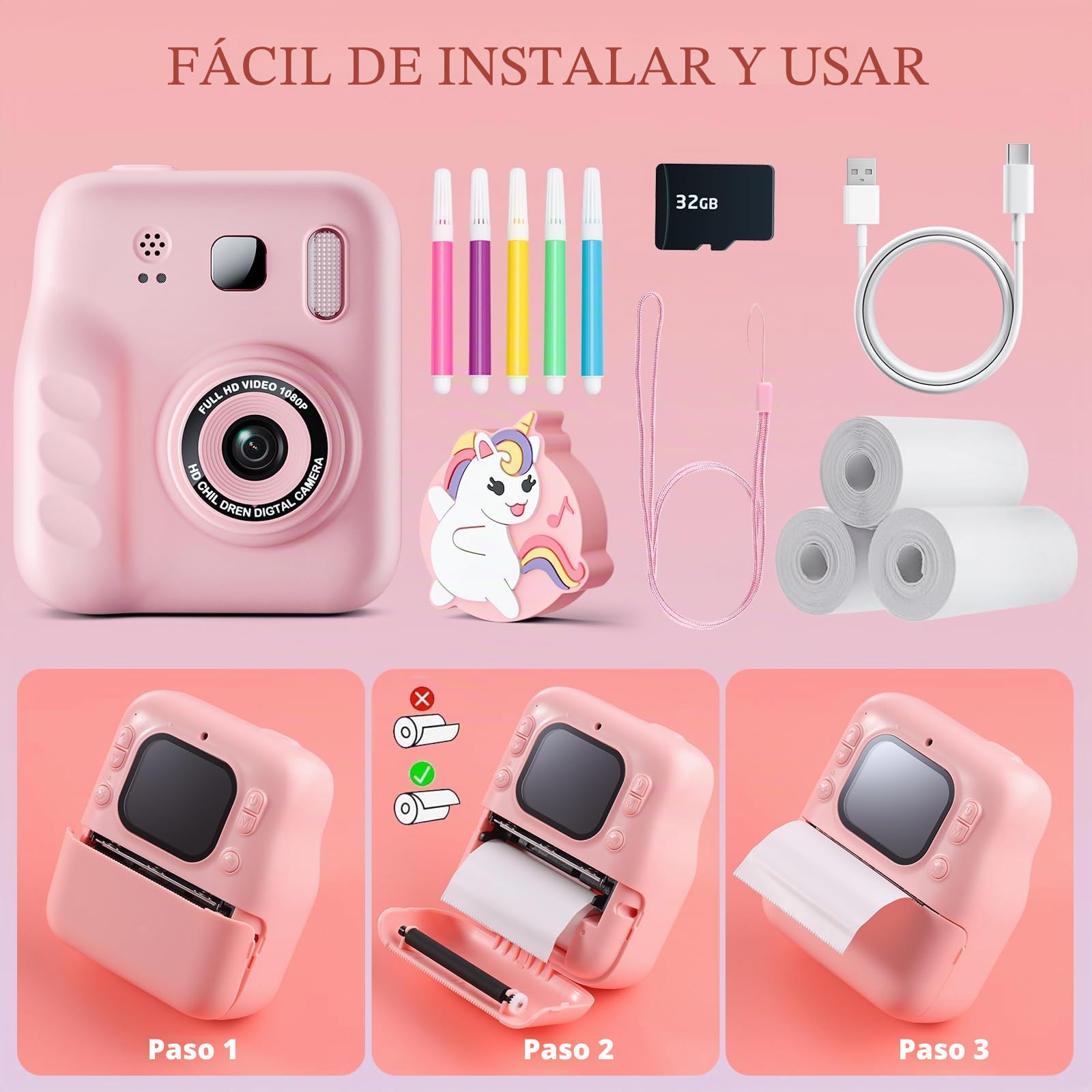 Camara Fotos Infantil Instantanea, Cámara Instantánea para Niños con Tapa de Lente de Unicornio, Papel de Impresión y Tarjeta SD de 32G, Cámaras duales, Regalo para Niños de 3 a 14 años (Rosa)