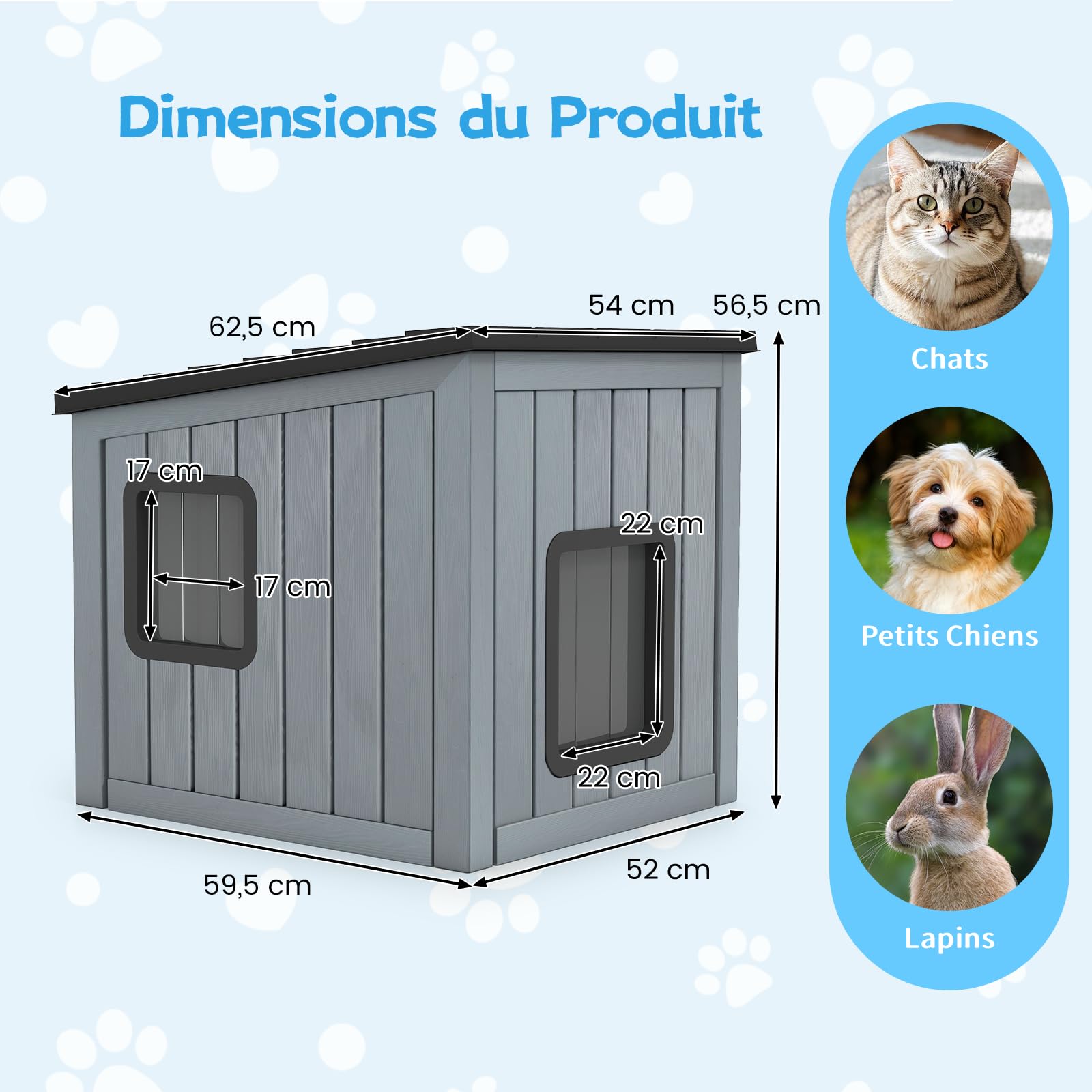 GOPLUS Niche pour Chat Exterieur/Interieur en Plastique Résistante à l'hiver, Maison Chat Exterieur avec 2 Portes et Toit en Pente, Rideau en PVC, 62,5 x 54 x 56,5 cm, pour Chiots et Lapins, Gris