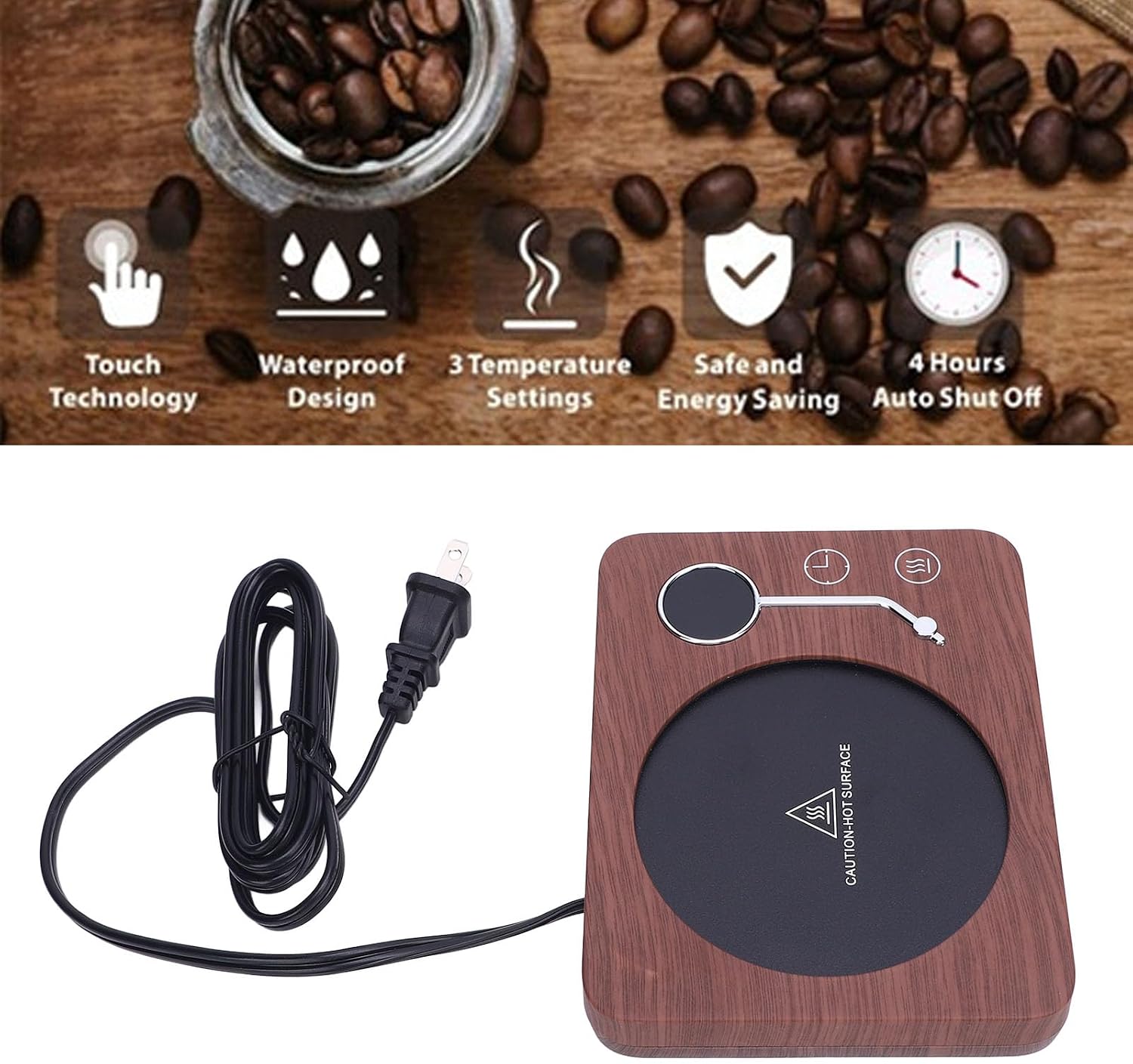 30W with 3 Temperature Settings, 9.5cm Heating Plate, Auto Shut Off 4H - Even Heating, Safety Features, Ideal for Coffee and Tea Lovers
