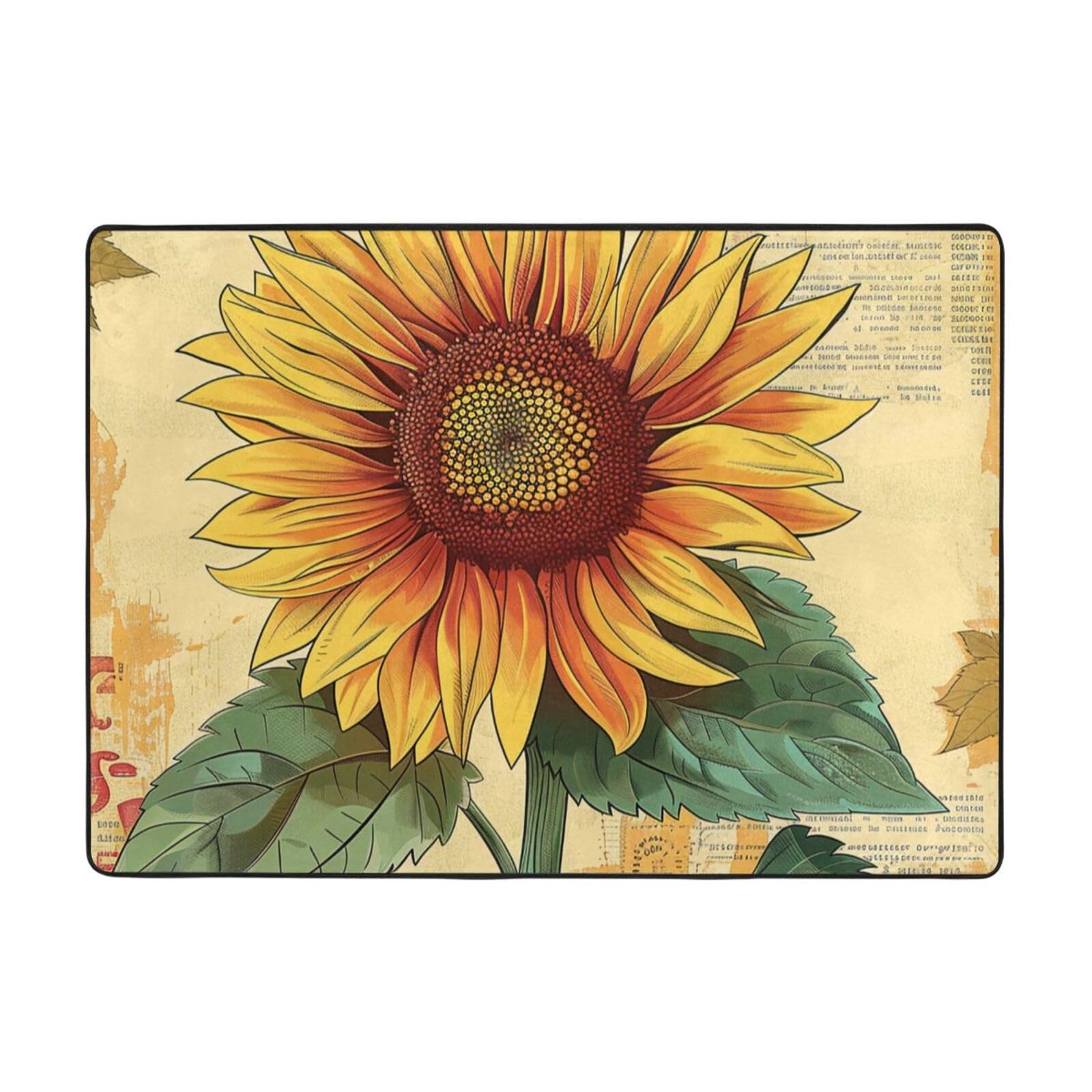 Grand tapis rétro tournesol 203 x 147 cm grand format pour décoration de salon