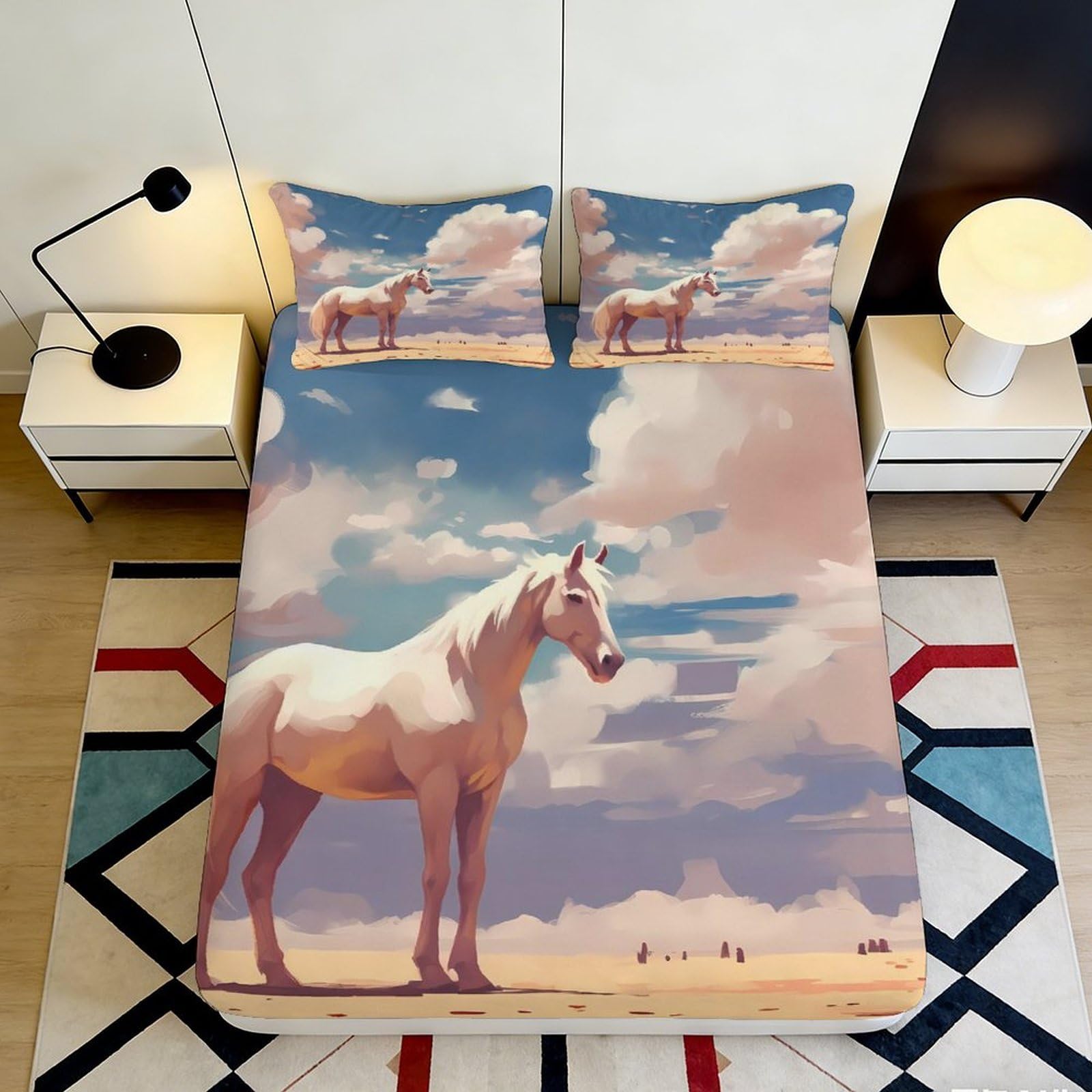 3D Printed Dream Horse Fitted Sheet Microfiber Deep Pocket Non-Slip Bedroom Bedding Horse Mattress Fitted Cover Full Wrap Washable 140x200x25cm
