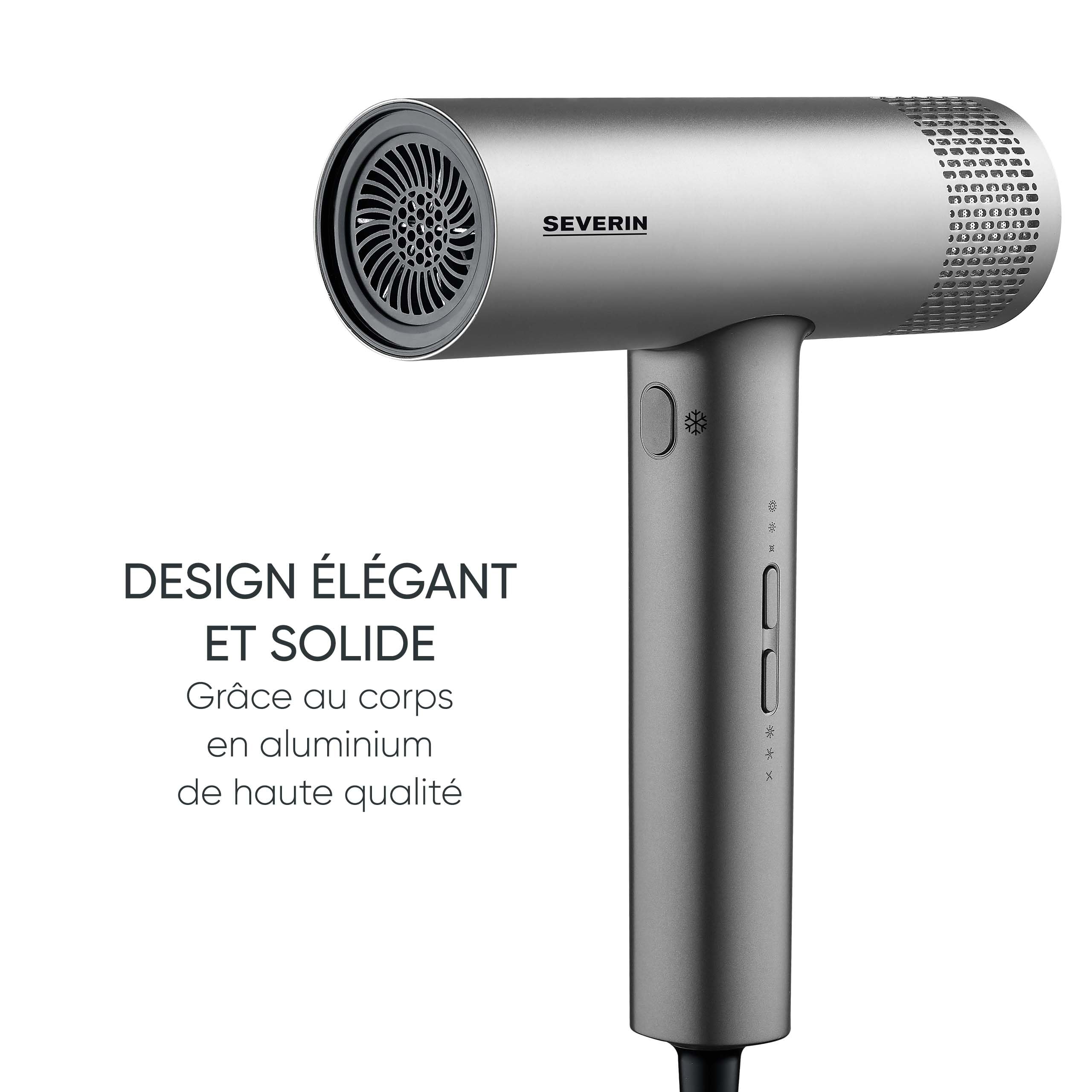 SEVERIN Seche cheveux performant avec moteur BLDC et technologie ionique, Sèche cheveux avec diffuseur et concentrateur magnétiques, sèche-cheveux puissant 2 000 W, Gris, HT 0171
