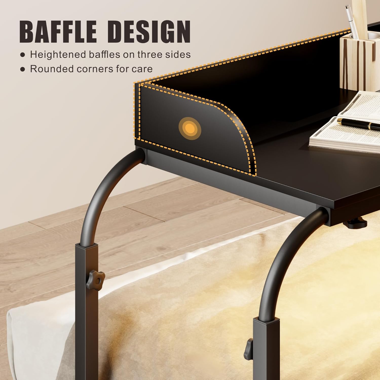 Dystler Overbed Table with Wheels Adjustable Height, 39.37"-43.3" Over Bed Desk with Human Sensor, King Size Overbed Laptop Table with Charging Station for Bedroom, Black